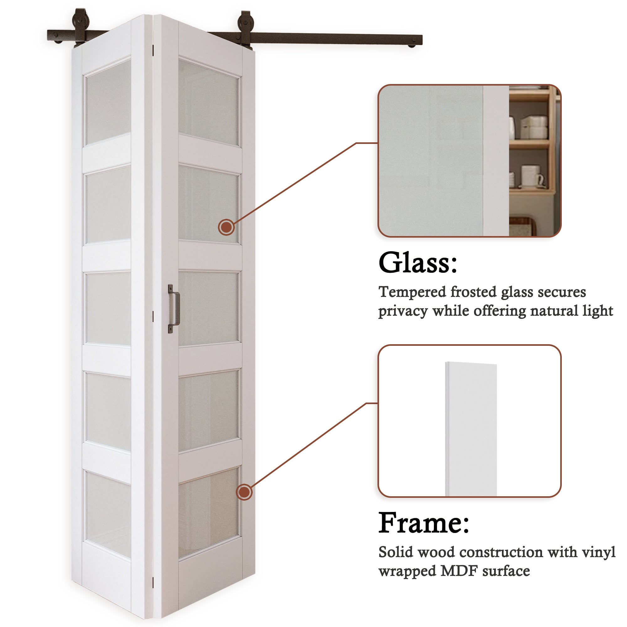 [Paintable] 5-Lite Tempered Frosted Glass Bifold Sliding Barn Door, Prefinished & Paintable Surface,with Hardware Kit