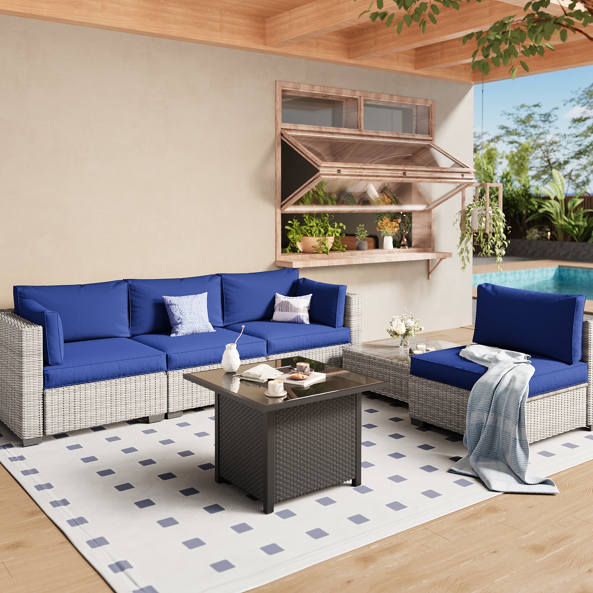 Ark Design 5-Piece Gray Wicker Outdoor Patio Conversation Sectional Seating Set with Coffee Table and fire pit, Navy Blue Cushions with Sofa Protection Cover Option