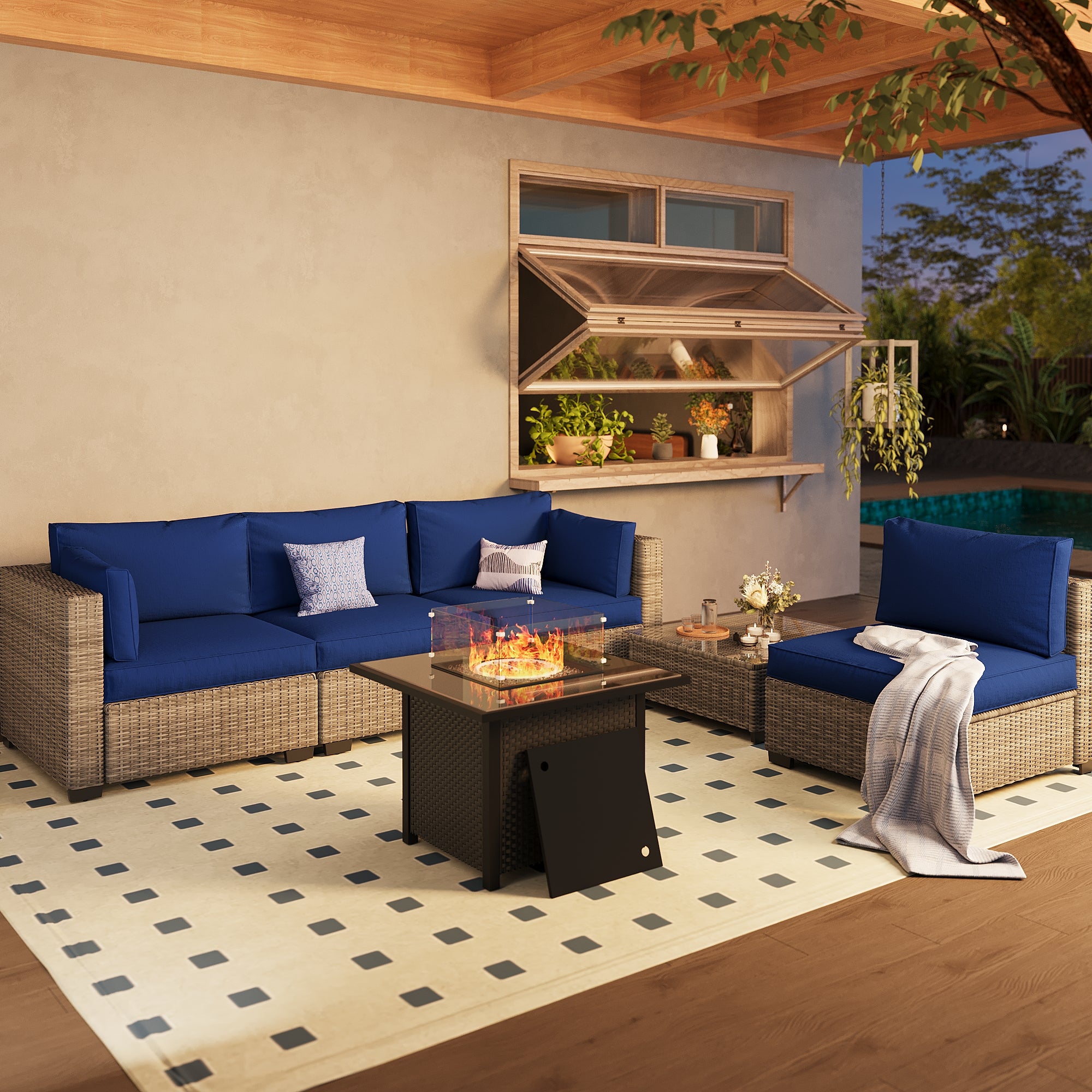 Ark Design 5-Piece Gray Wicker Outdoor Patio Conversation Sectional Seating Set with Coffee Table and fire pit, Navy Blue Cushions with Sofa Protection Cover Option