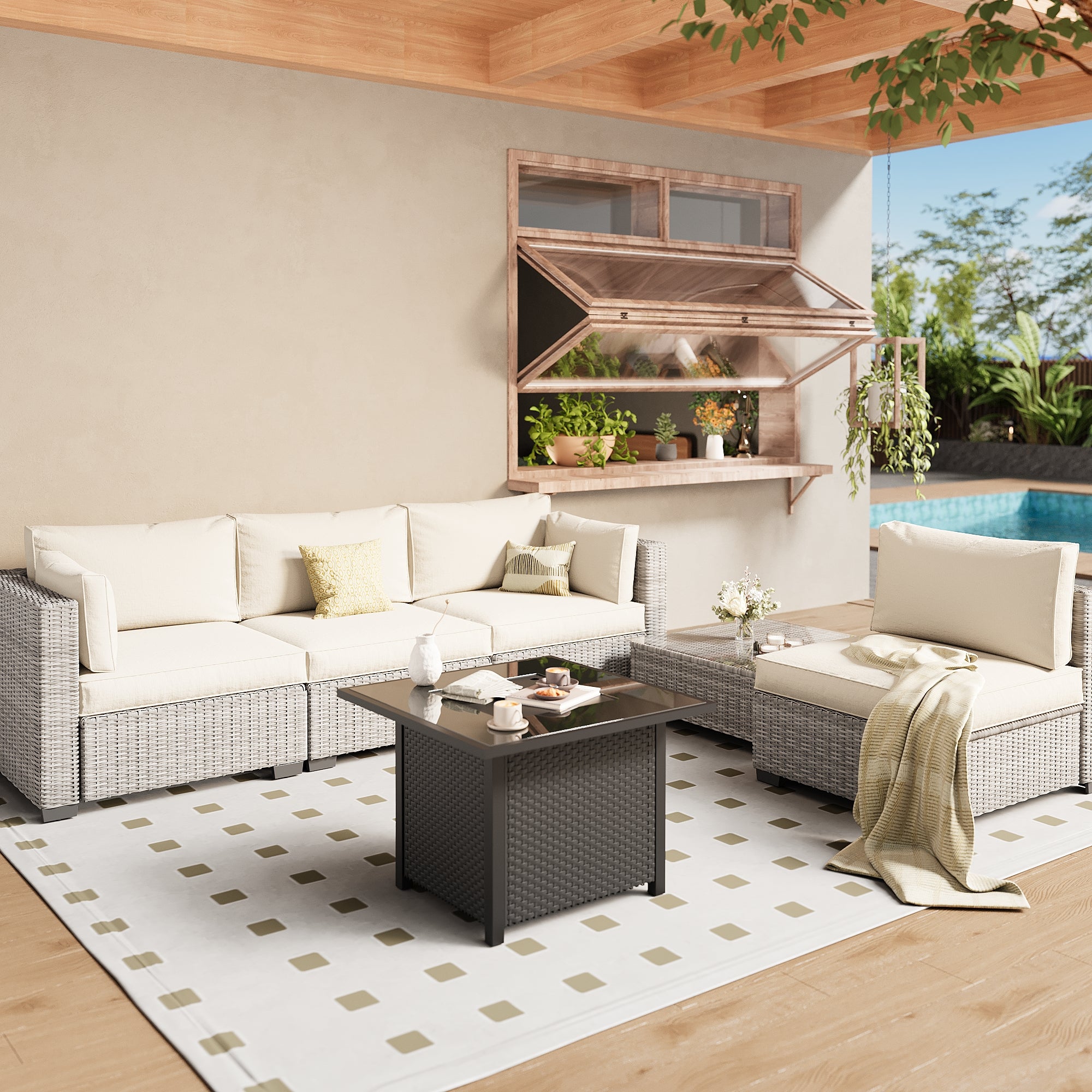 Ark Design 5-Piece Rattan Wicker Outdoor Patio Conversation SofaSeating Set with Coffee Table and fire pit, Beige Cushions with Sofa Protection Cover Option