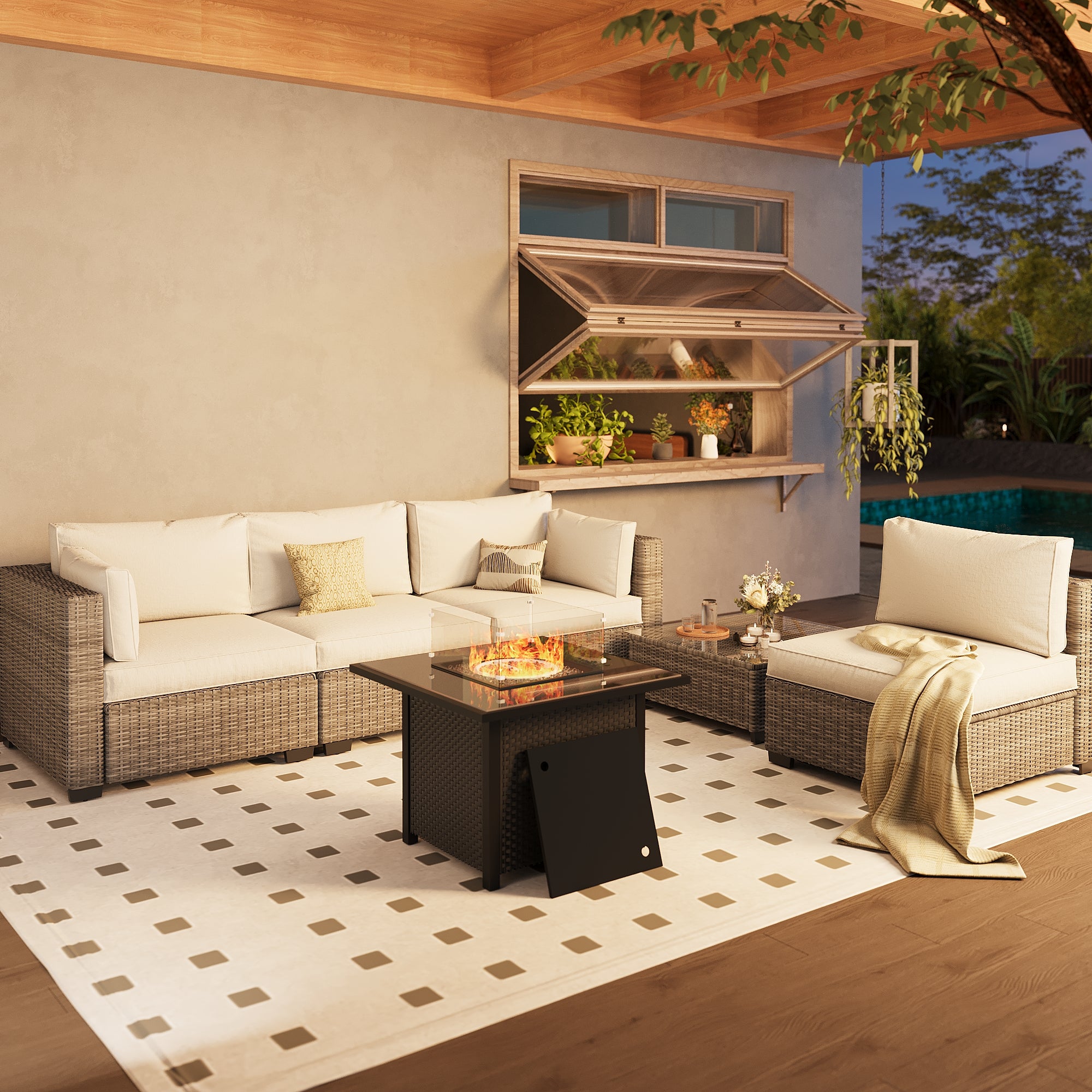 Ark Design 5-Piece Rattan Wicker Outdoor Patio Conversation SofaSeating Set with Coffee Table and fire pit, Beige Cushions with Sofa Protection Cover Option