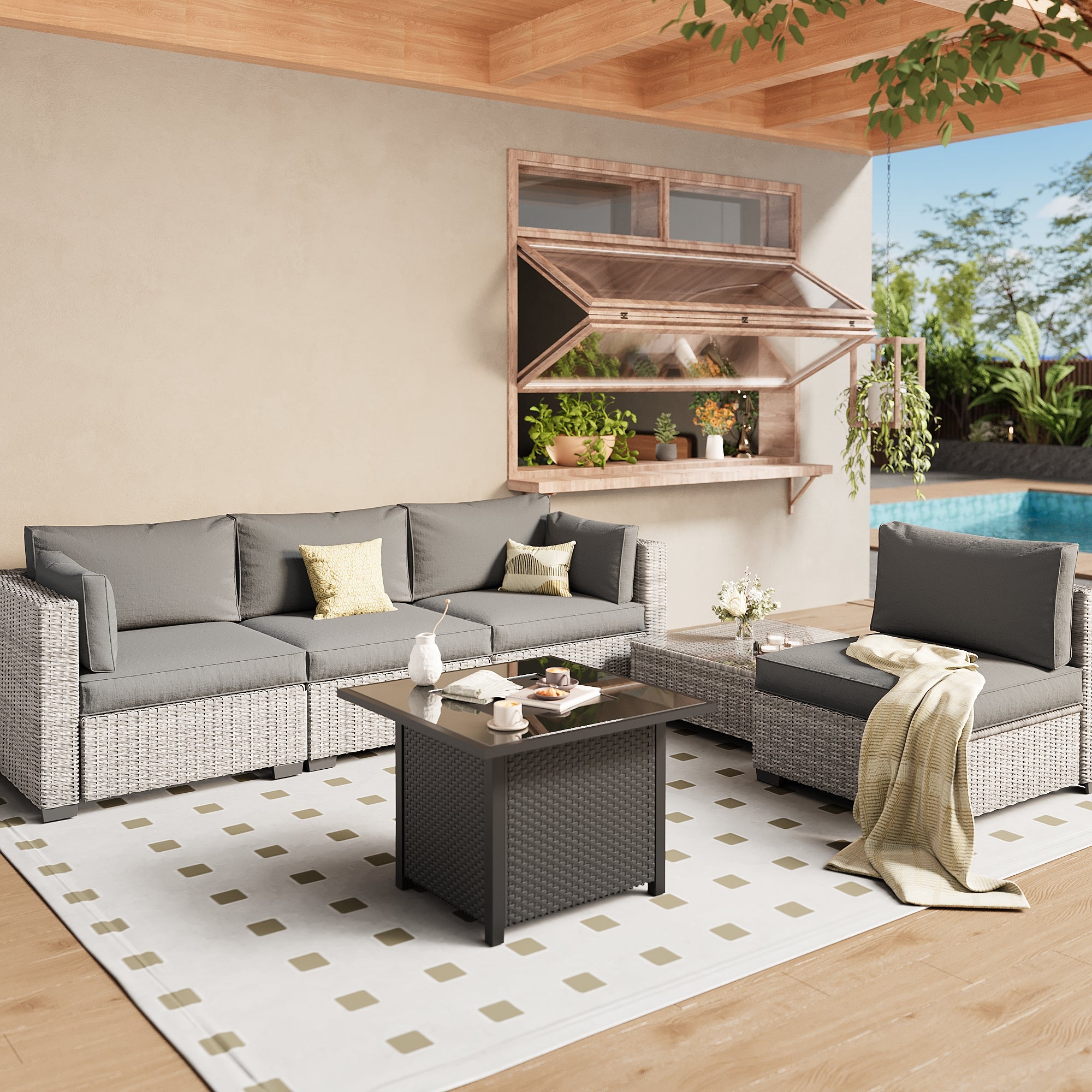 Ark Design 5-Piece Rattan Wicker Outdoor Patio Conversation SofaSeating Set with Coffee Table and fire pit, Gray Cushions with Sofa Protection Cover Option