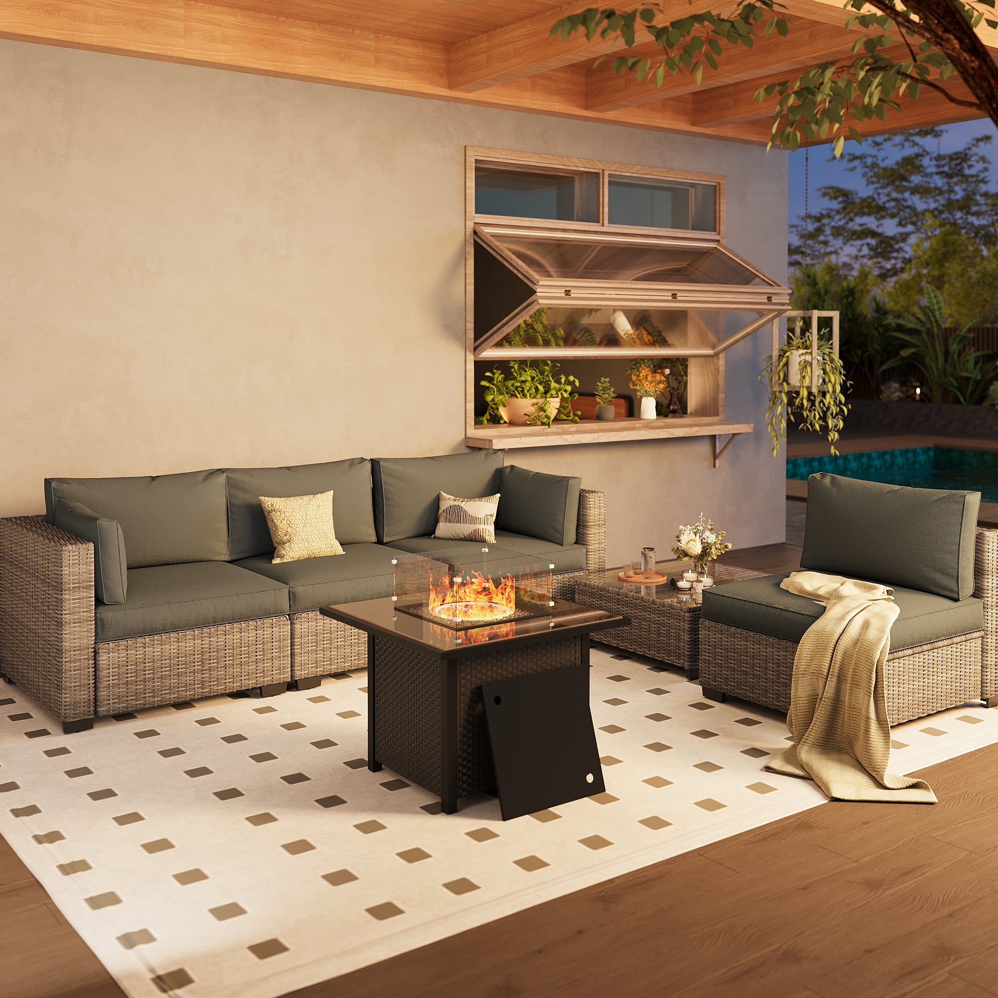 Ark Design 5-Piece Rattan Wicker Outdoor Patio Conversation SofaSeating Set with Coffee Table and fire pit, Gray Cushions with Sofa Protection Cover Option