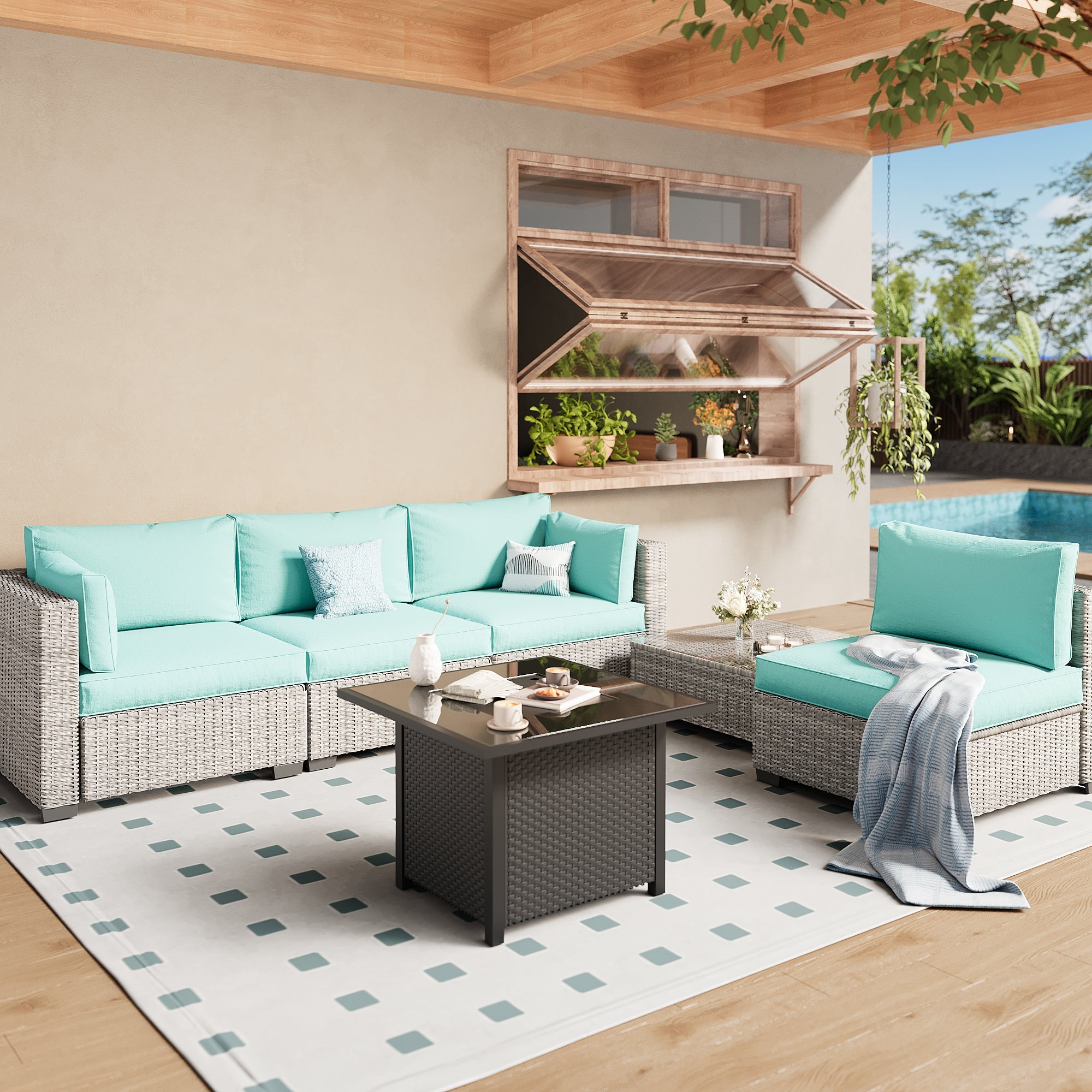 Ark Design 5-Piece Rattan Wicker Outdoor Patio Conversation SofaSeating Set with Coffee Table and fire pit, Green Cushions with Sofa Protection Cover Option
