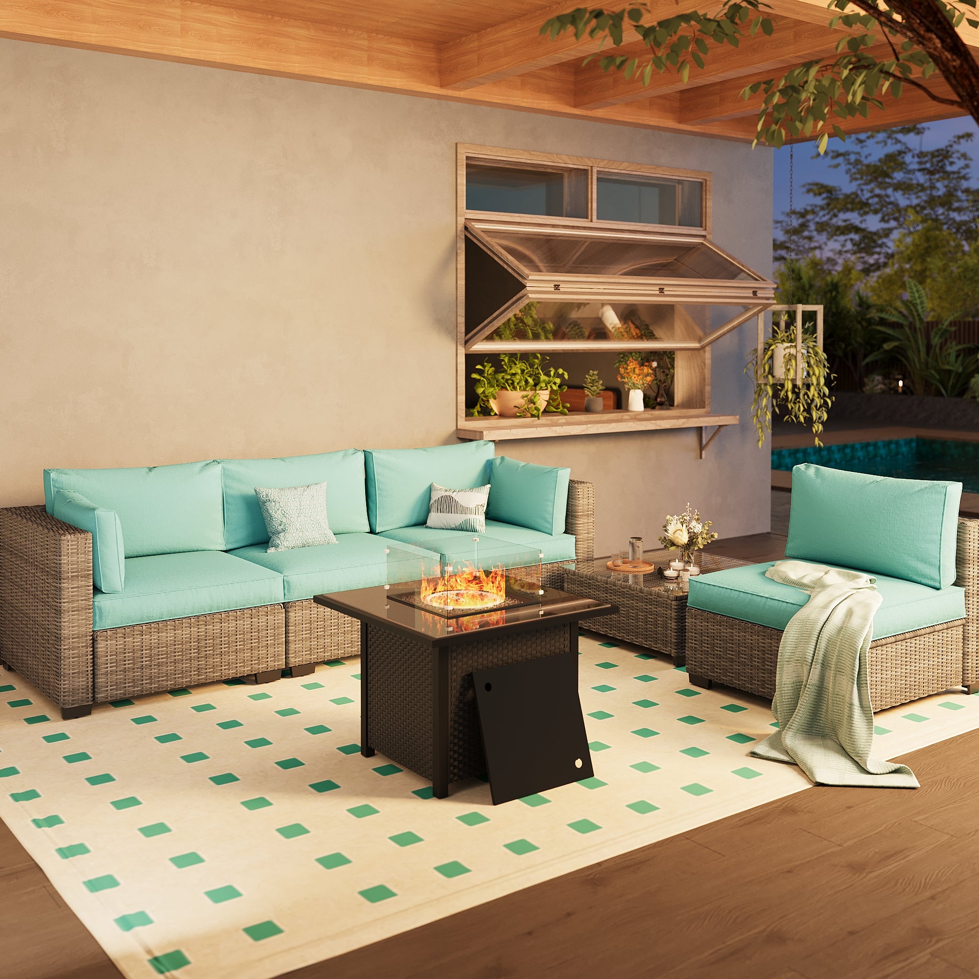 Ark Design 5-Piece Rattan Wicker Outdoor Patio Conversation SofaSeating Set with Coffee Table and fire pit, Green Cushions with Sofa Protection Cover Option