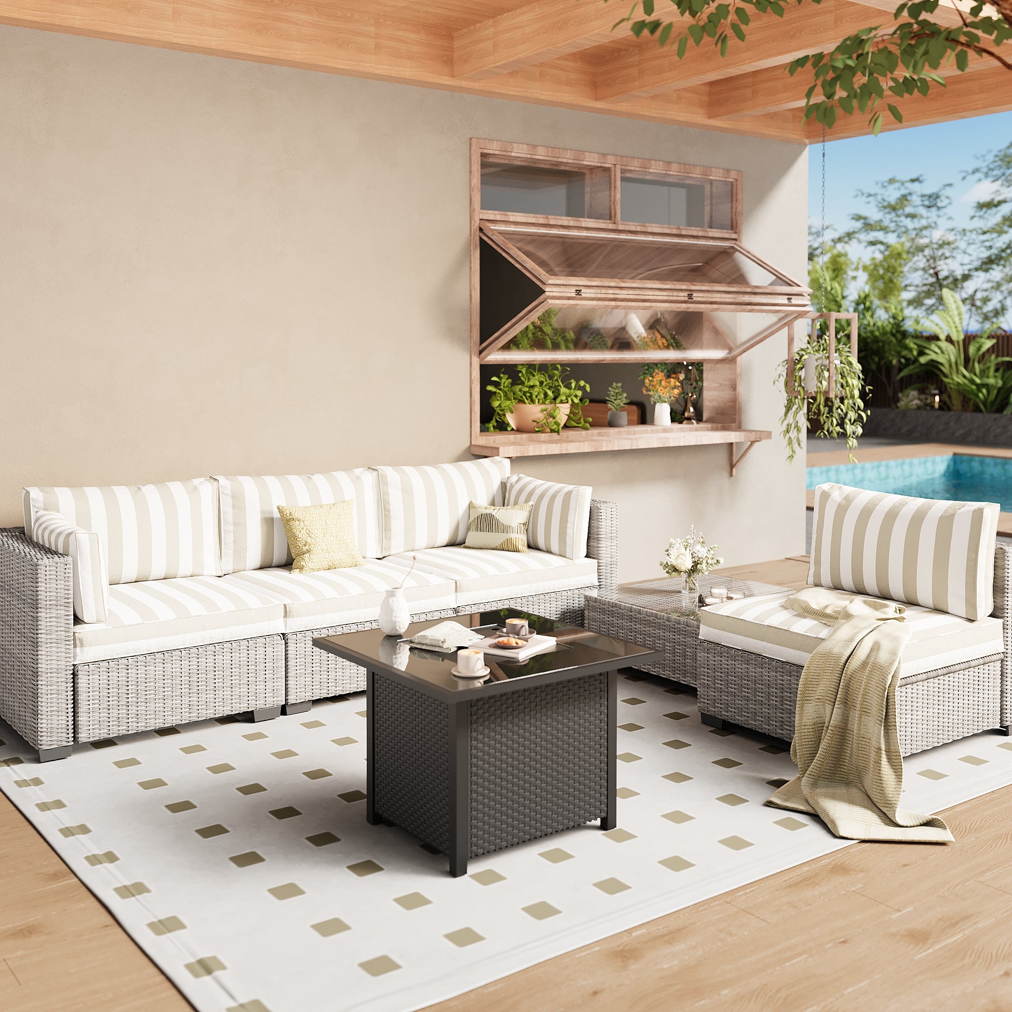 Ark Design 5-Piece Rattan Wicker Outdoor Patio Conversation SofaSeating Set with Coffee Table and fire pit, Stripe Brown Cushions with Sofa Protection Cover Option