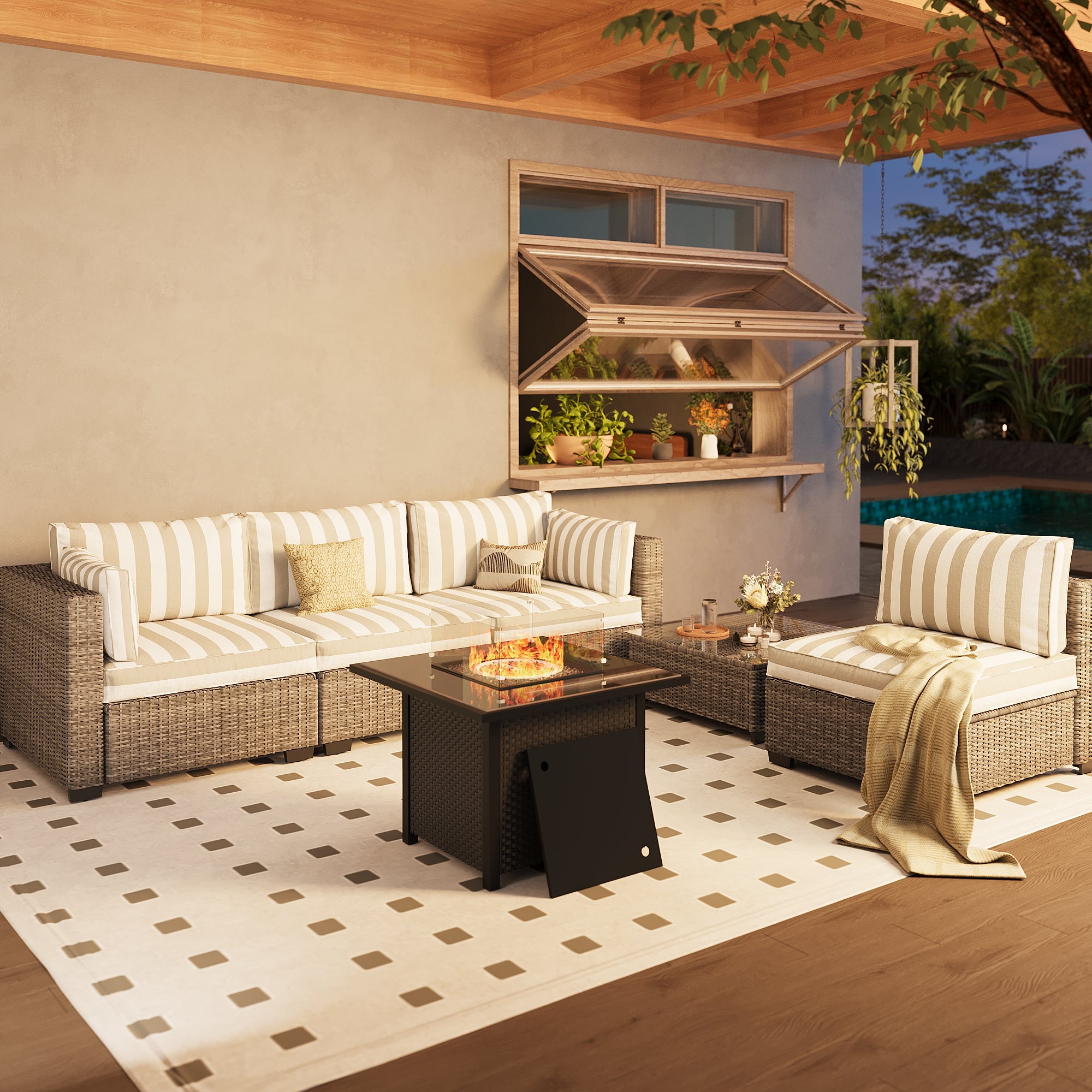 Ark Design 5-Piece Rattan Wicker Outdoor Patio Conversation SofaSeating Set with Coffee Table and fire pit, Stripe Brown Cushions with Sofa Protection Cover Option