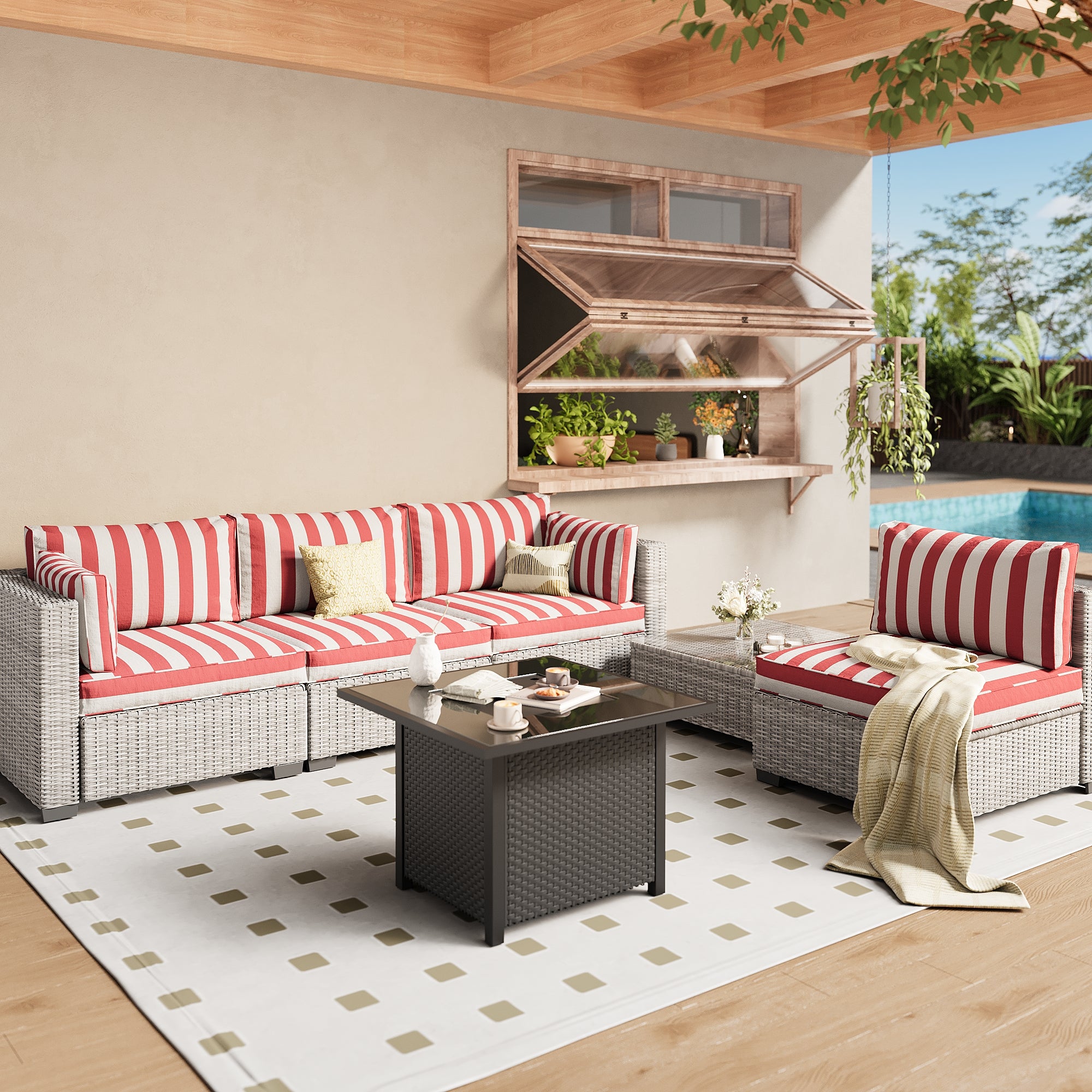 Ark Design 5-Piece Rattan Wicker Outdoor Patio Conversation SofaSeating Set with Coffee Table and fire pit, Stripe Red Cushions with Sofa Protection Cover Option