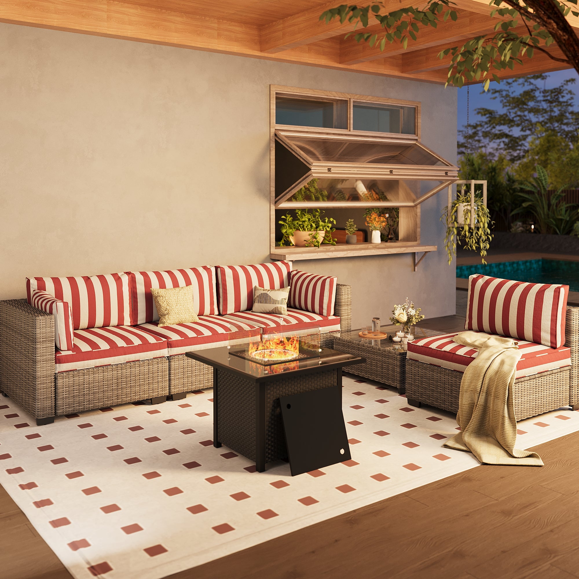 Ark Design 5-Piece Rattan Wicker Outdoor Patio Conversation SofaSeating Set with Coffee Table and fire pit, Stripe Red Cushions with Sofa Protection Cover Option