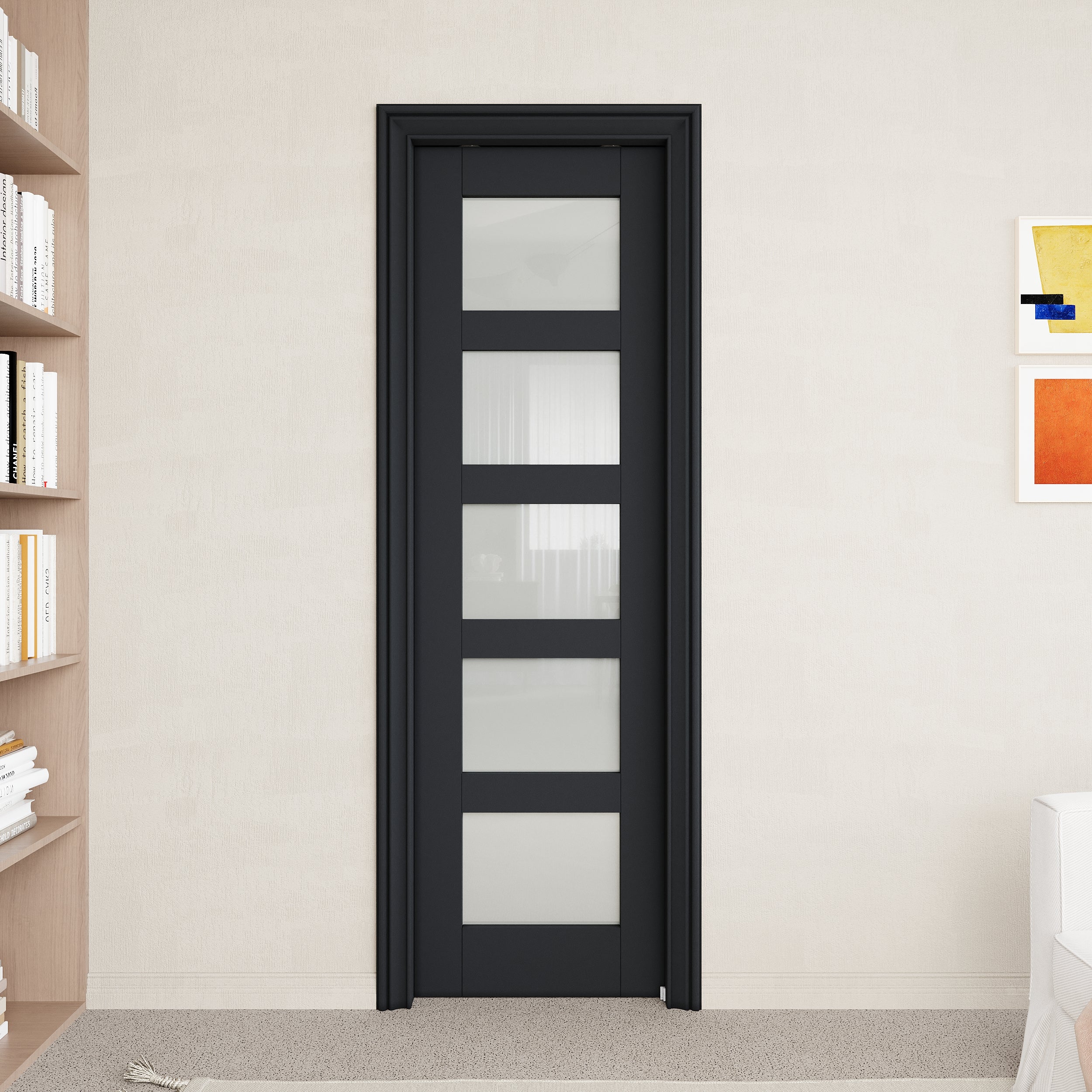 Ark Design 5-Lite Tempered Frosted Glass Pocket Door with Hardware Kit & Soft Close & Black Frame, Solid Core MDF Wood & Paint-grade Finished