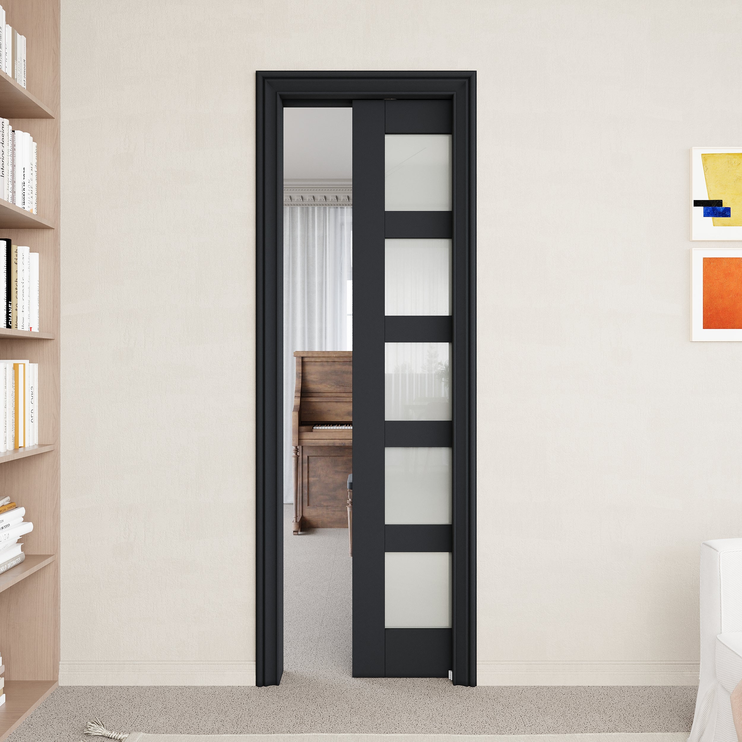 Ark Design 5-Lite Tempered Frosted Glass Pocket Door with Hardware Kit & Soft Close & Black Frame, Solid Core MDF Wood & Paint-grade Finished