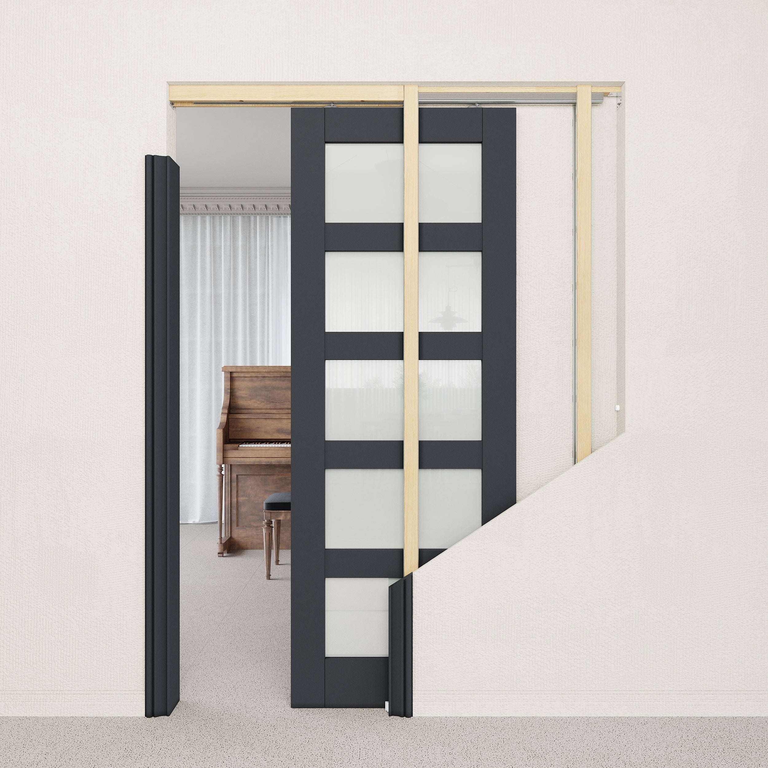 Ark Design 5-Lite Tempered Frosted Glass Pocket Door with Hardware Kit & Soft Close & Black Frame, Solid Core MDF Wood & Paint-grade Finished