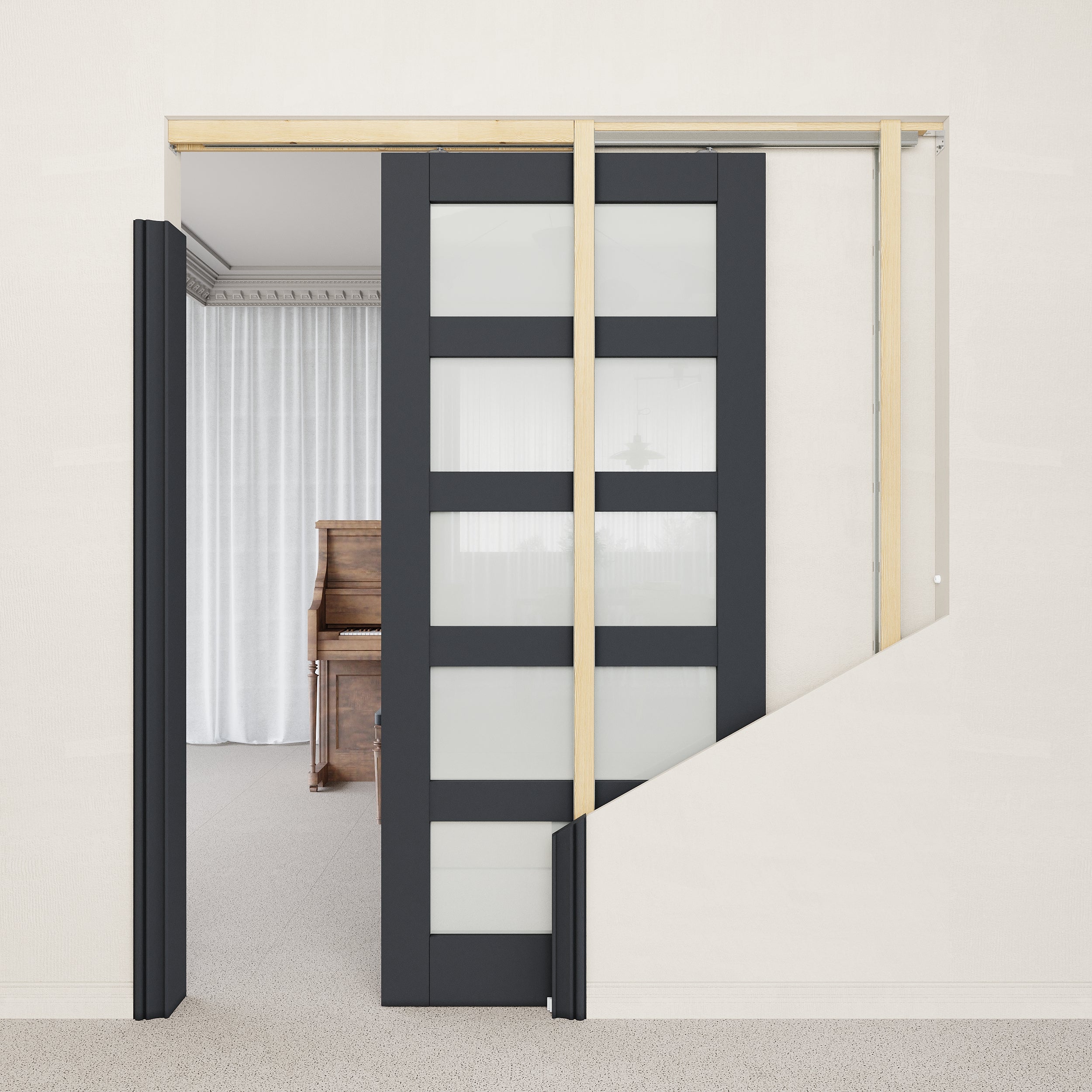 Ark Design 5-Lite Tempered Frosted Glass Pocket Door with Hardware Kit & Soft Close & Black Frame, Solid Core MDF Wood & Paint-grade Finished
