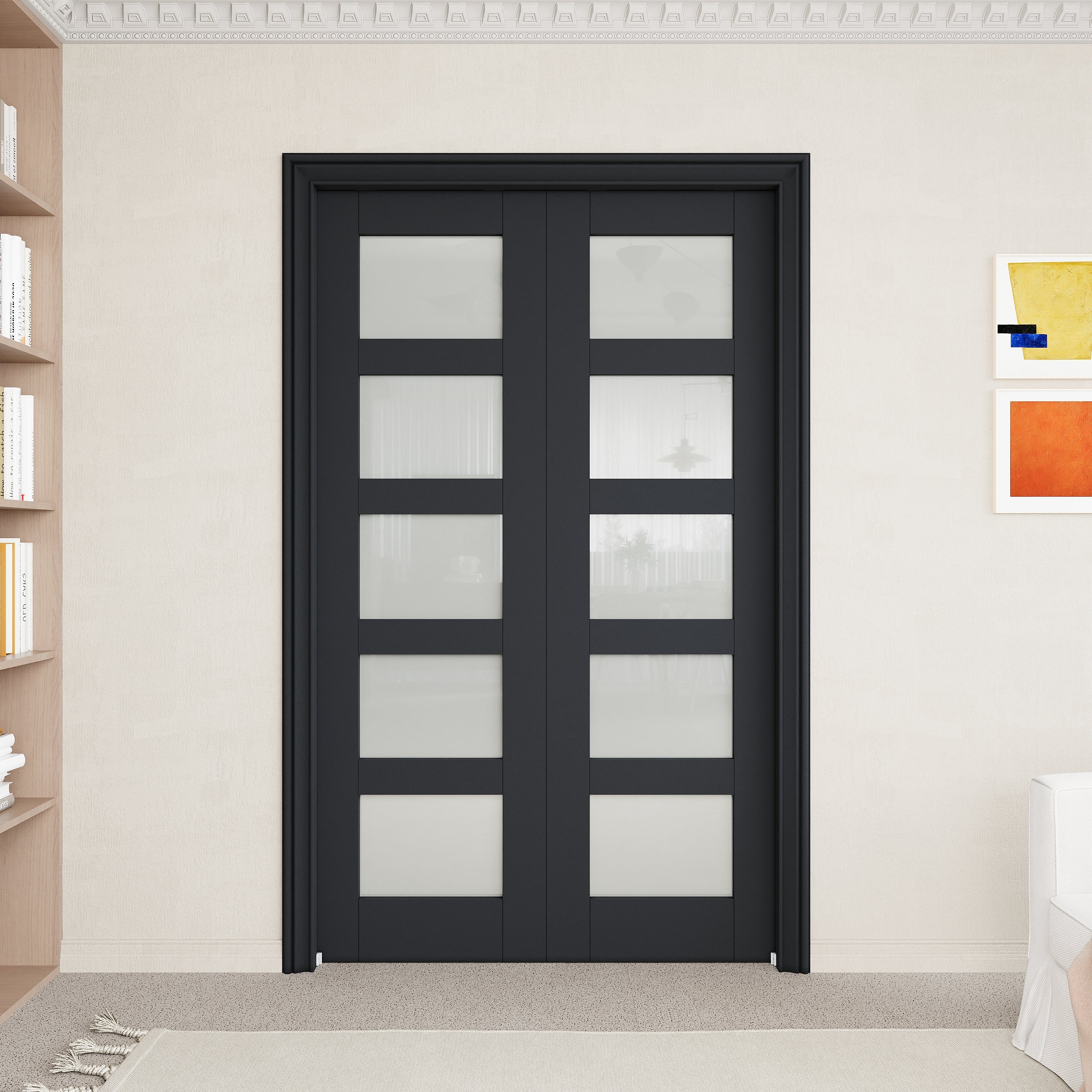 Ark Design 5-Lite Tempered Frosted Glass Pocket Door with Hardware Kit & Soft Close & Black Frame, Solid Core MDF Wood & Paint-grade Finished