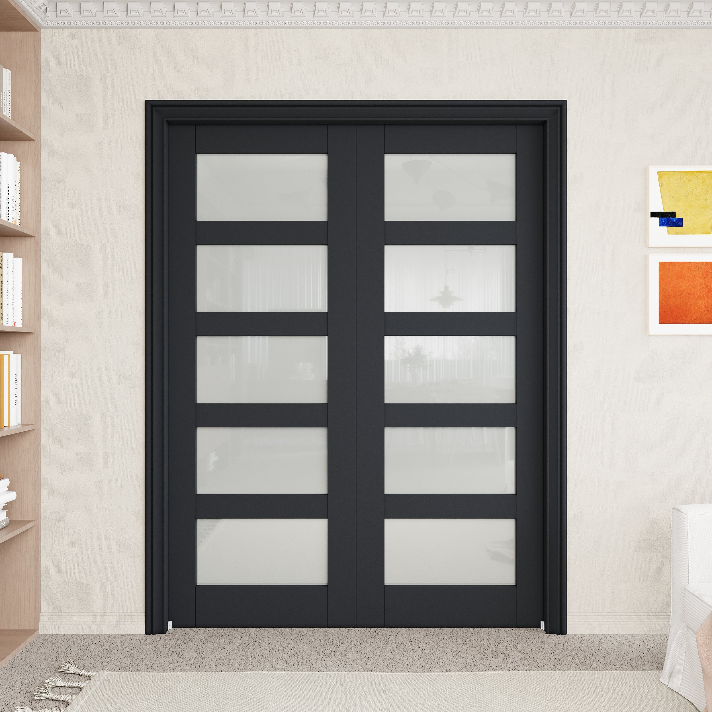 Ark Design 5-Lite Tempered Frosted Glass Pocket Door with Hardware Kit & Soft Close & Black Frame, Solid Core MDF Wood & Paint-grade Finished