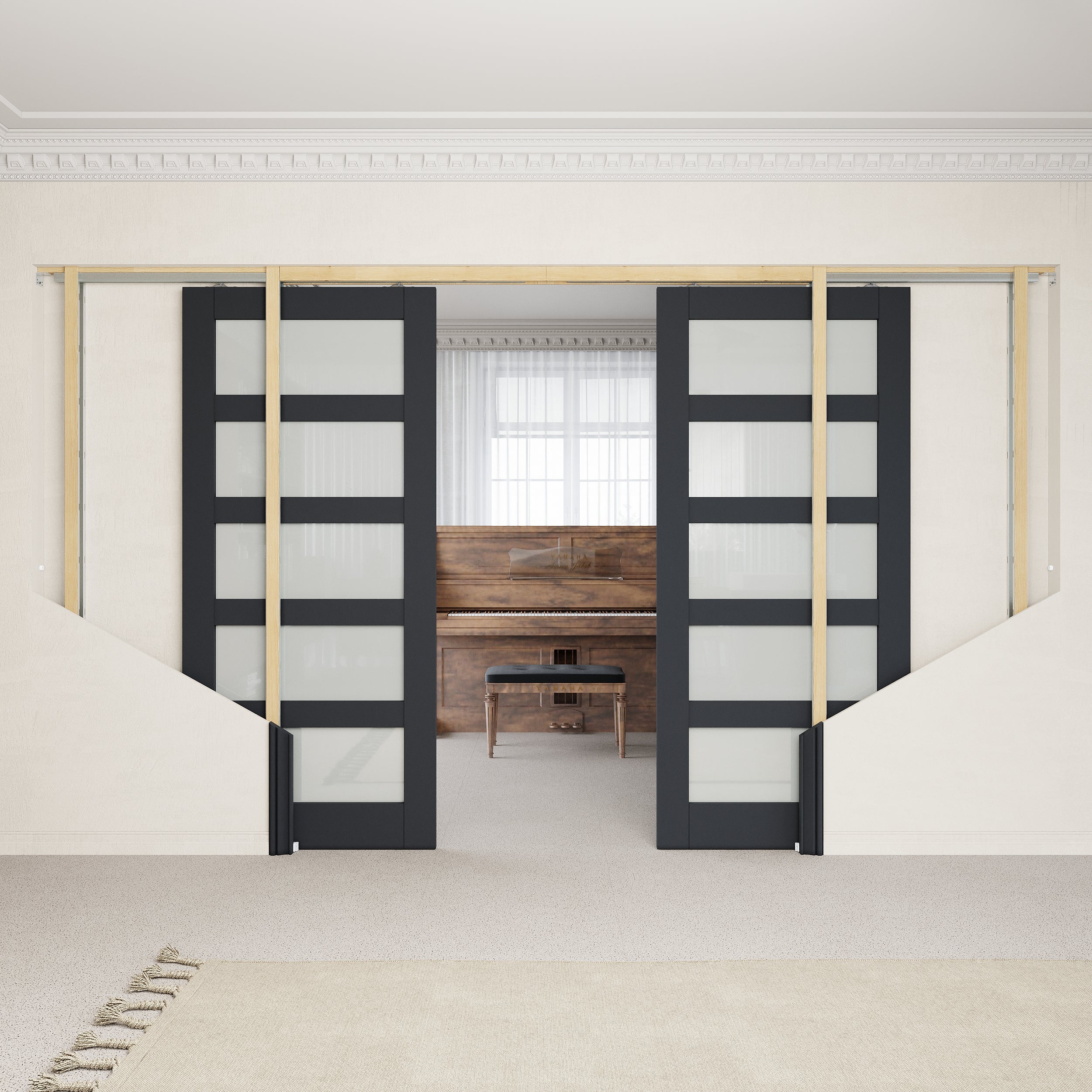 Ark Design 5-Lite Tempered Frosted Glass Pocket Door with Hardware Kit & Soft Close & Black Frame, Solid Core MDF Wood & Paint-grade Finished