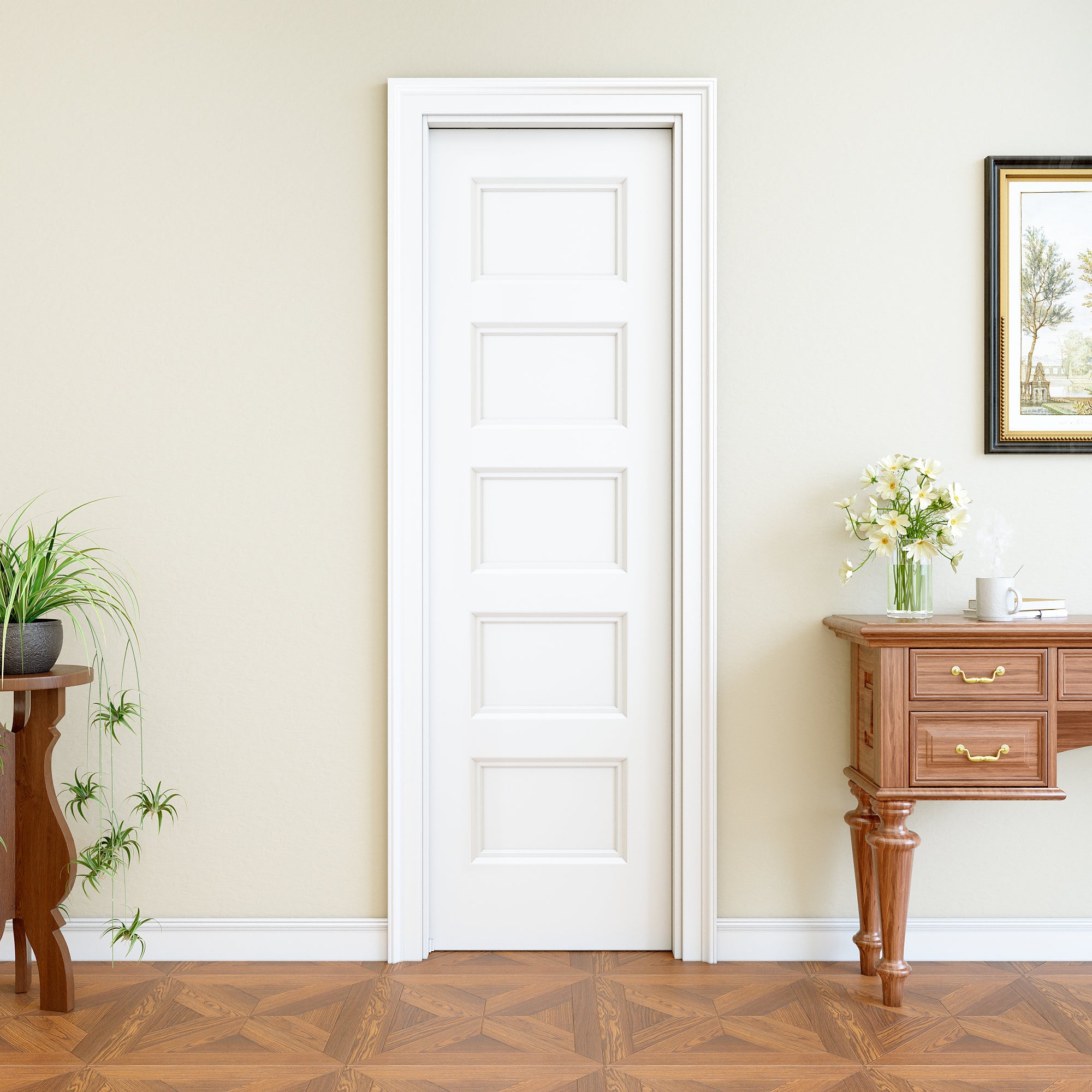 Ark Design 5 Panel Pocket Door with Hardware Kit & Soft Close & Frame, Hollow Core MDF Wood & Paint-grade Finished, White
