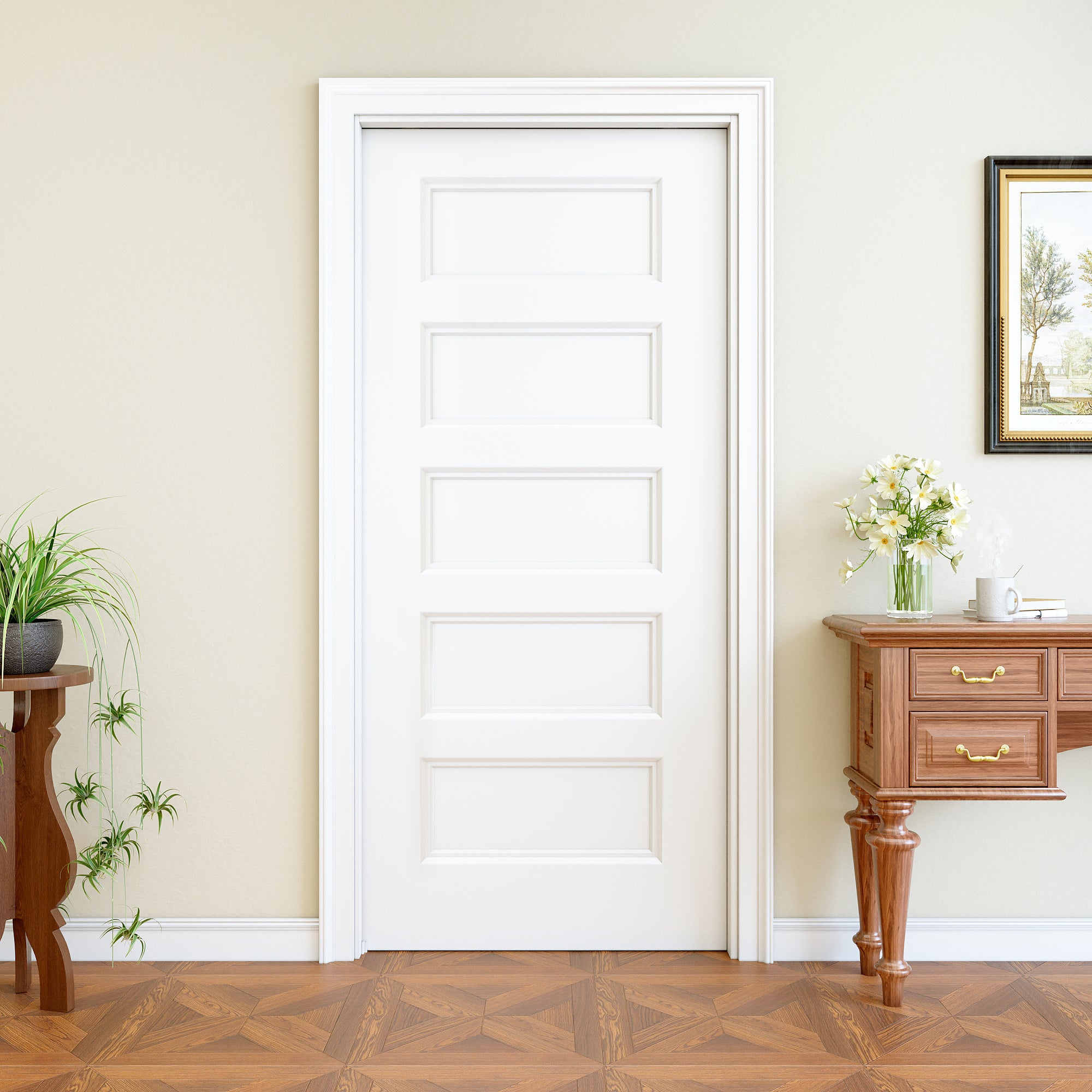 Ark Design 5 Panel Pocket Door with Hardware Kit & Soft Close & Frame, Hollow Core MDF Wood & Paint-grade Finished, White