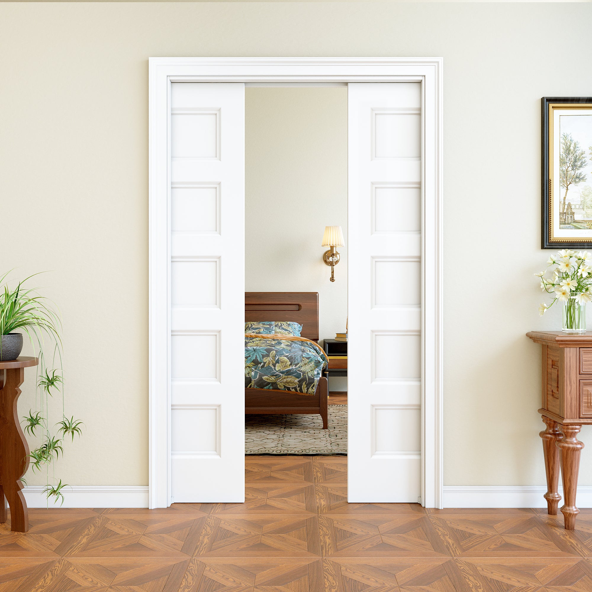 Ark Design 5 Panel Pocket Door with Hardware Kit & Soft Close & Frame, Hollow Core MDF Wood & Paint-grade Finished, White
