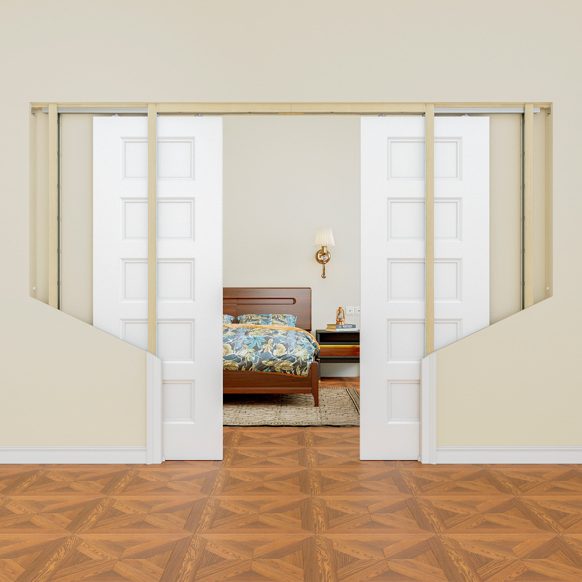 Ark Design 5 Panel Pocket Door with Hardware Kit & Soft Close & Frame, Hollow Core MDF Wood & Paint-grade Finished, White