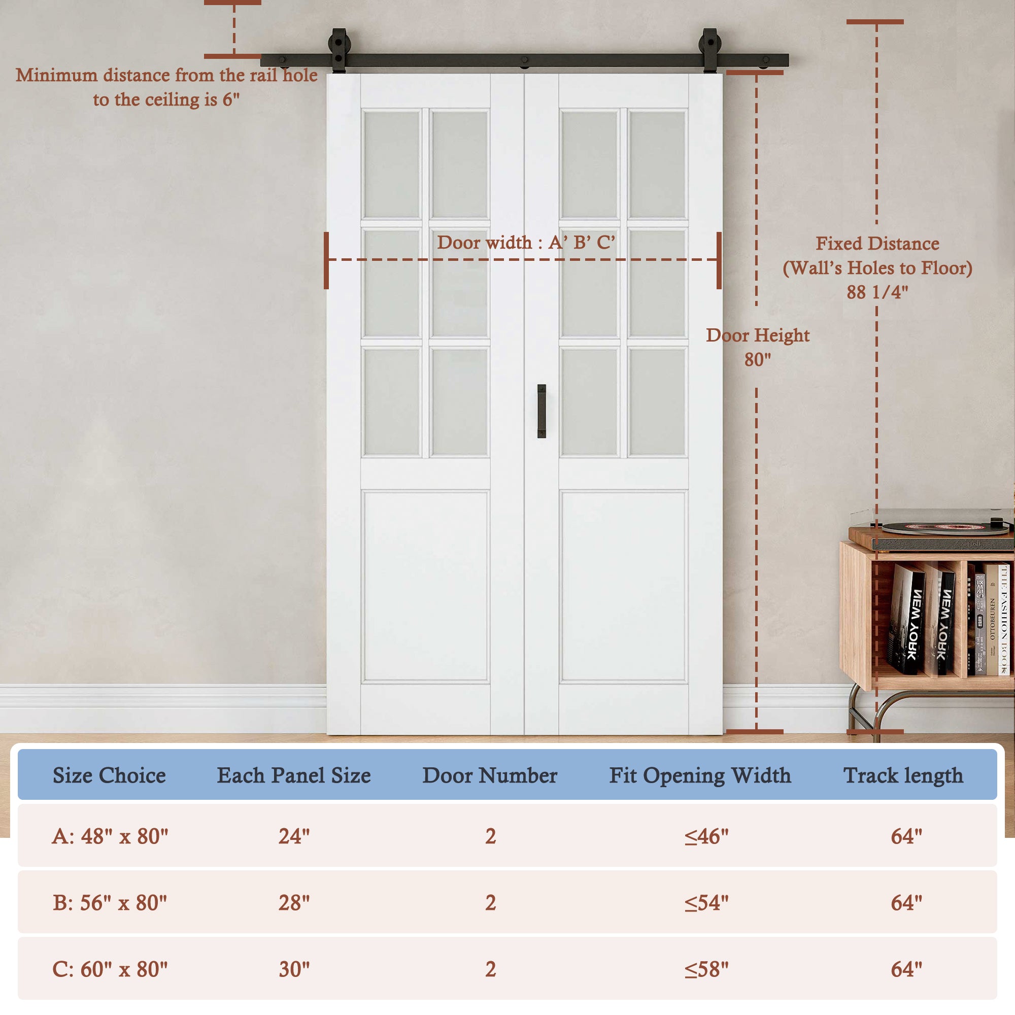 [Paintable] Half Lite Tempered Clear Glass Bifold Sliding Barn Door, Prefinished & Paintable Surface with Hardware Kit