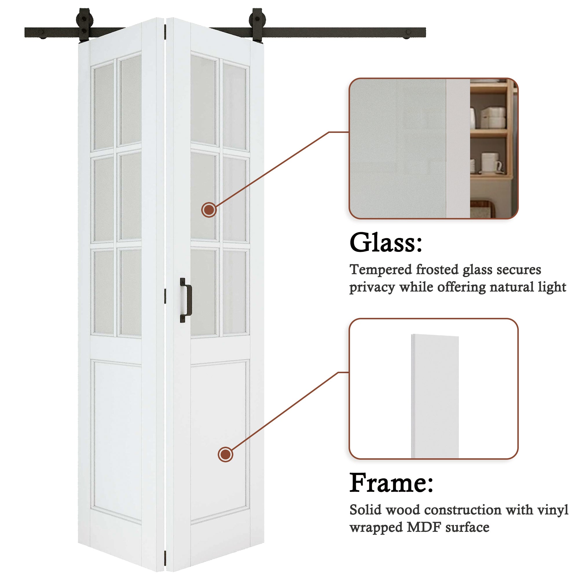 [Paintable] 6-Lite Frosted Glass Bifold Barn Door MDF Wood, Prefinished & Paintable Surface, with Hardware Kit & Handle & Floor Guide, White