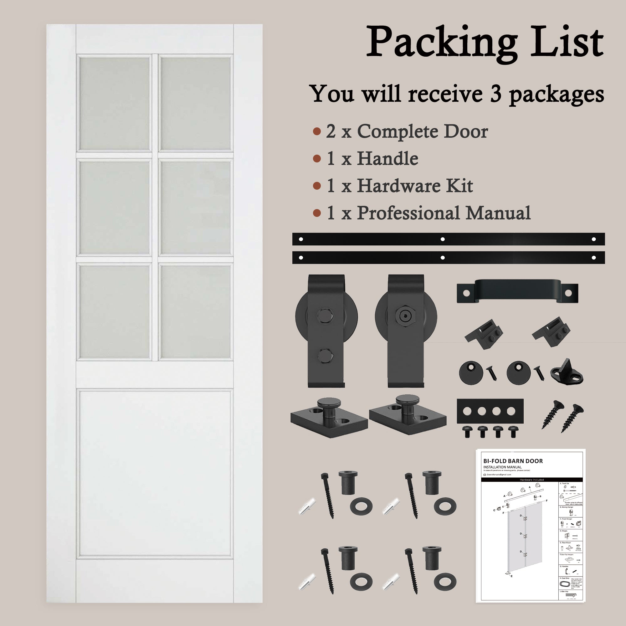 [Paintable] 6-Lite Frosted Glass Bifold Barn Door MDF Wood, Prefinished & Paintable Surface, with Hardware Kit & Handle & Floor Guide, White