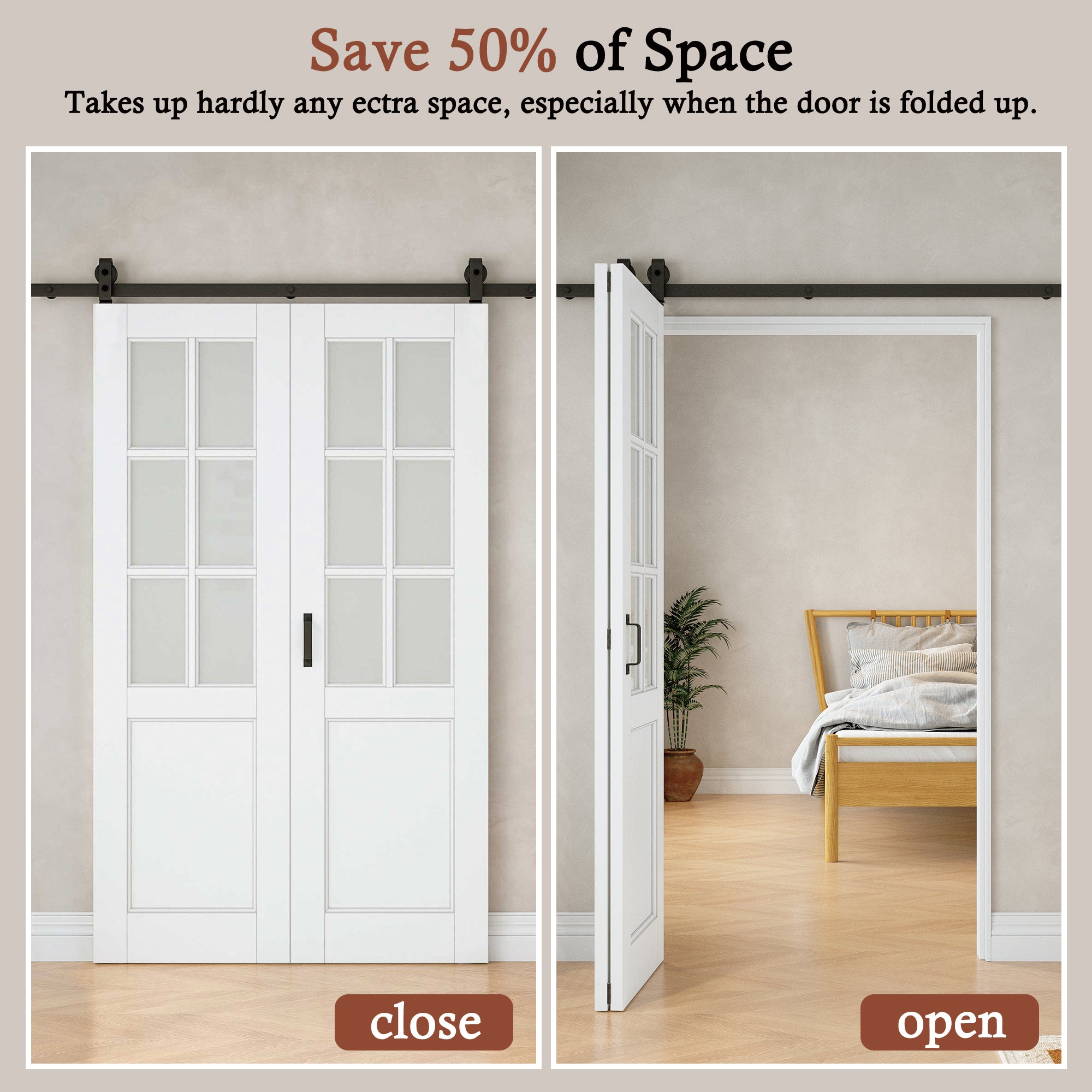 [Paintable] 6-Lite Frosted Glass Bifold Barn Door MDF Wood, Prefinished & Paintable Surface, with Hardware Kit & Handle & Floor Guide, White