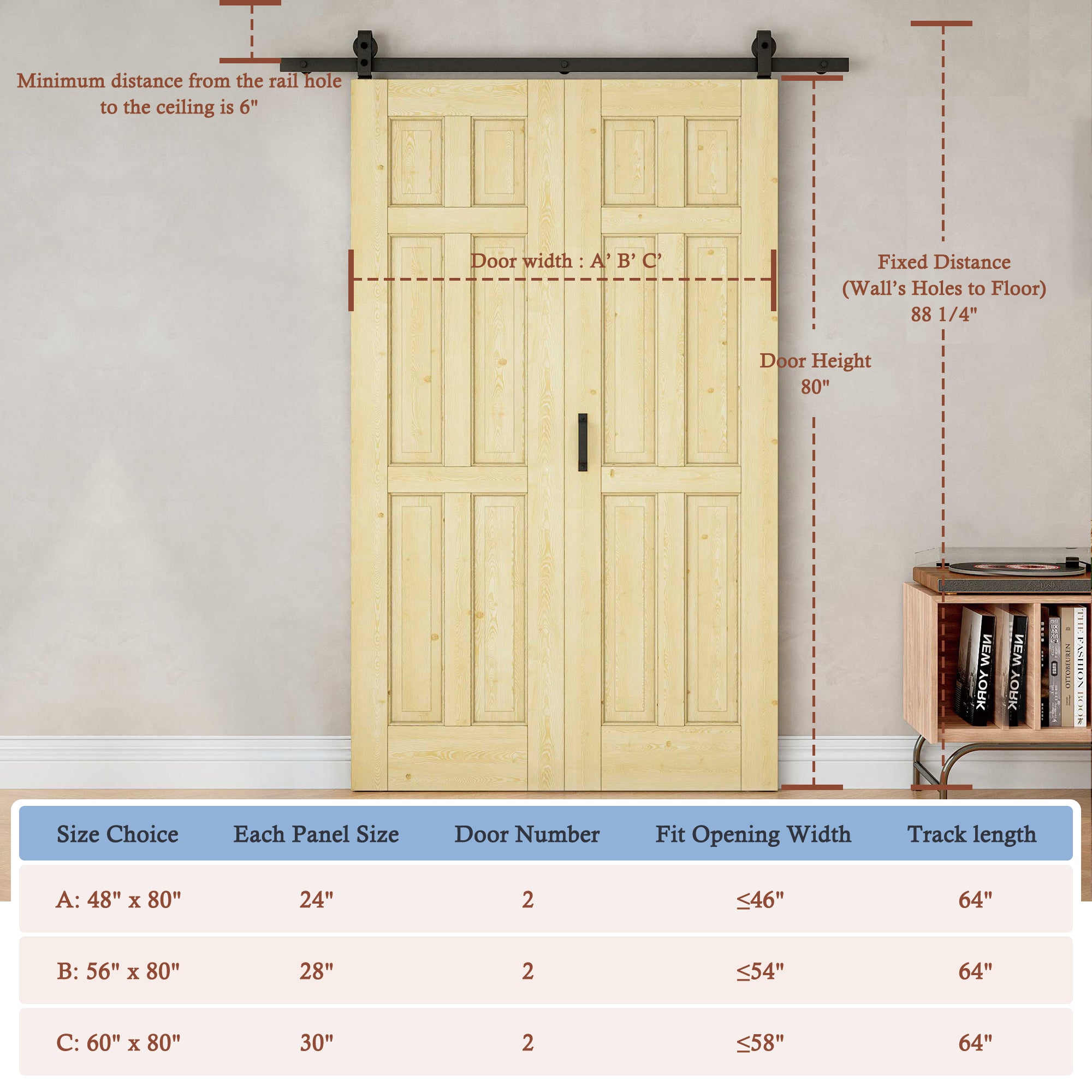 [Paintable] 6 Panel Bifold Barn Door Pine Wood, Unfinished & Paintable Surface, with Hardware Kit & Handle & Floor Guide
