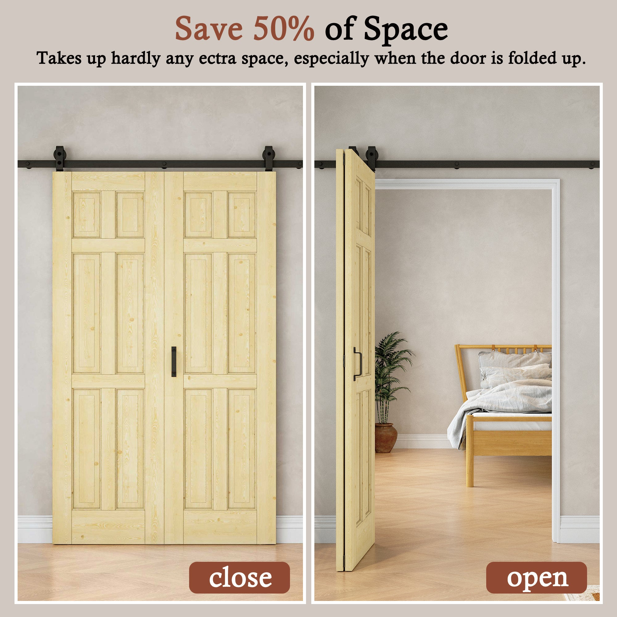 [Paintable] 6 Panel Bifold Barn Door Pine Wood, Unfinished & Paintable Surface, with Hardware Kit & Handle & Floor Guide