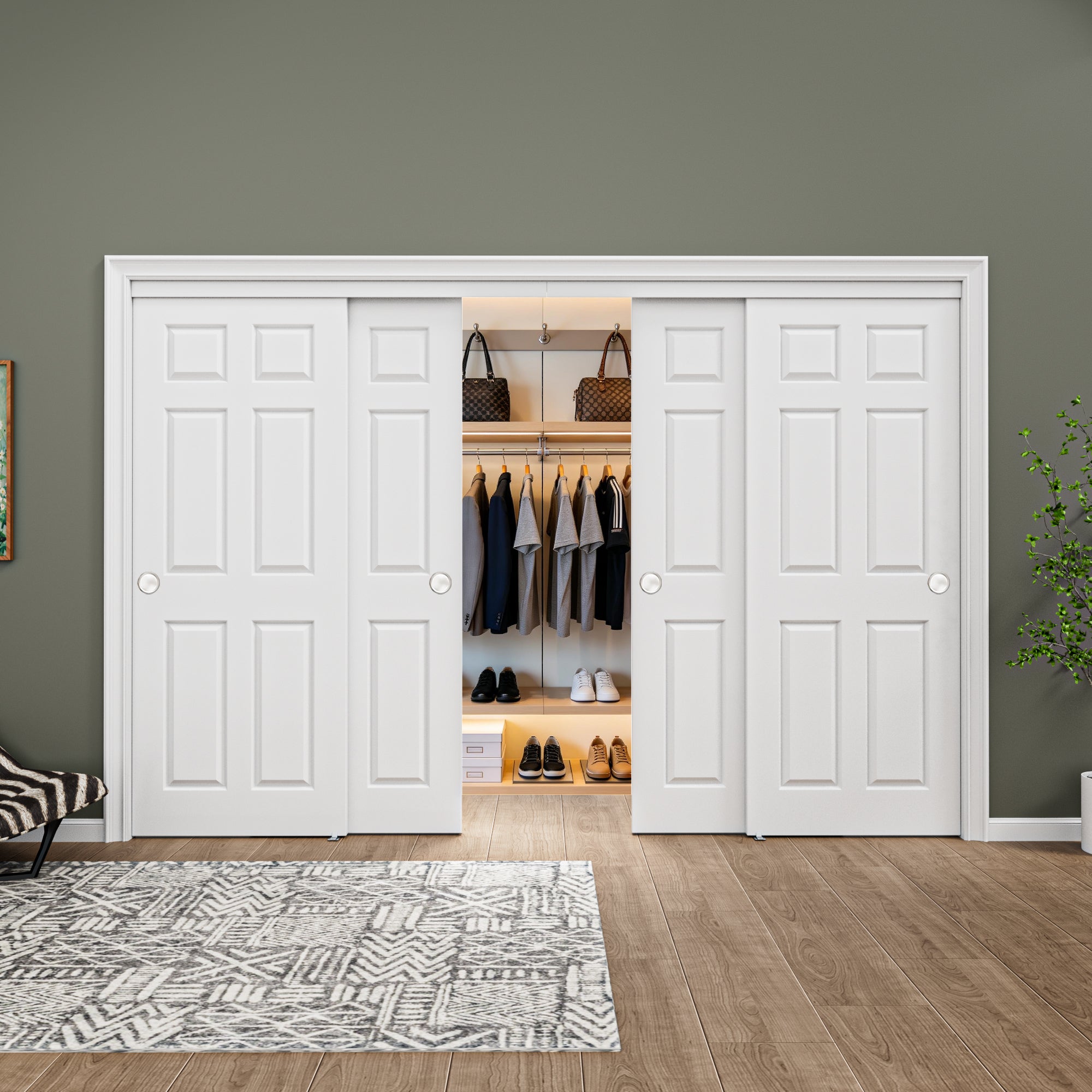 [Paintable] Ark Design 6 Panel Bypass Sliding Closet Door with Hardware Kit, Solid Core MDF Wood & Primed, White