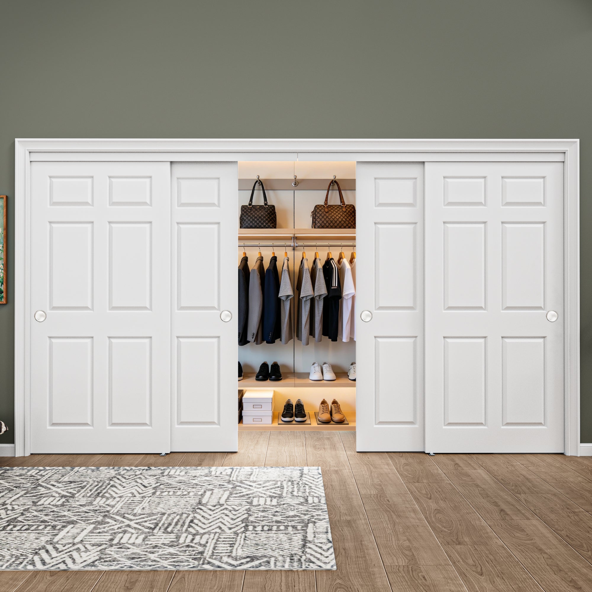 [Paintable] Ark Design 6 Panel Bypass Sliding Closet Door with Hardware Kit, Solid Core MDF Wood & Primed, White