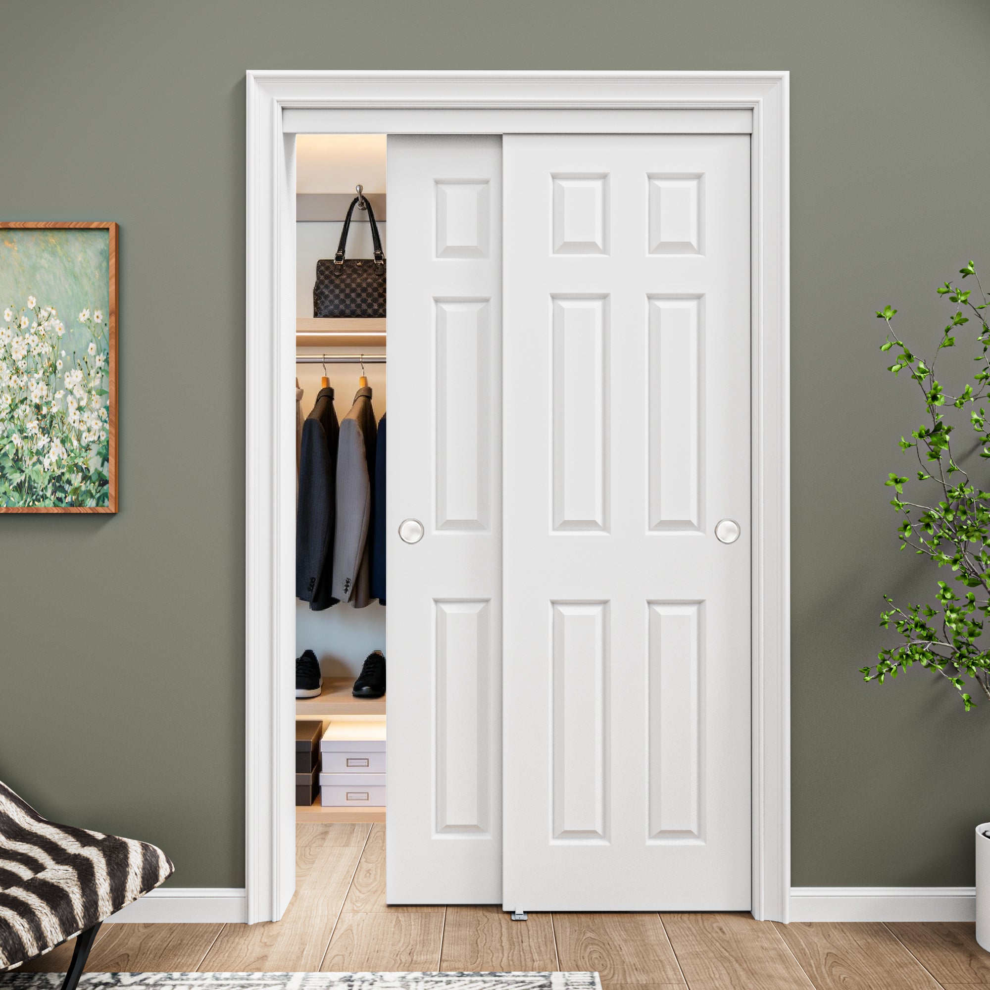 [Paintable] Ark Design 6 Panel Bypass Sliding Closet Door with Hardware Kit, Solid Core MDF Wood & Primed, White