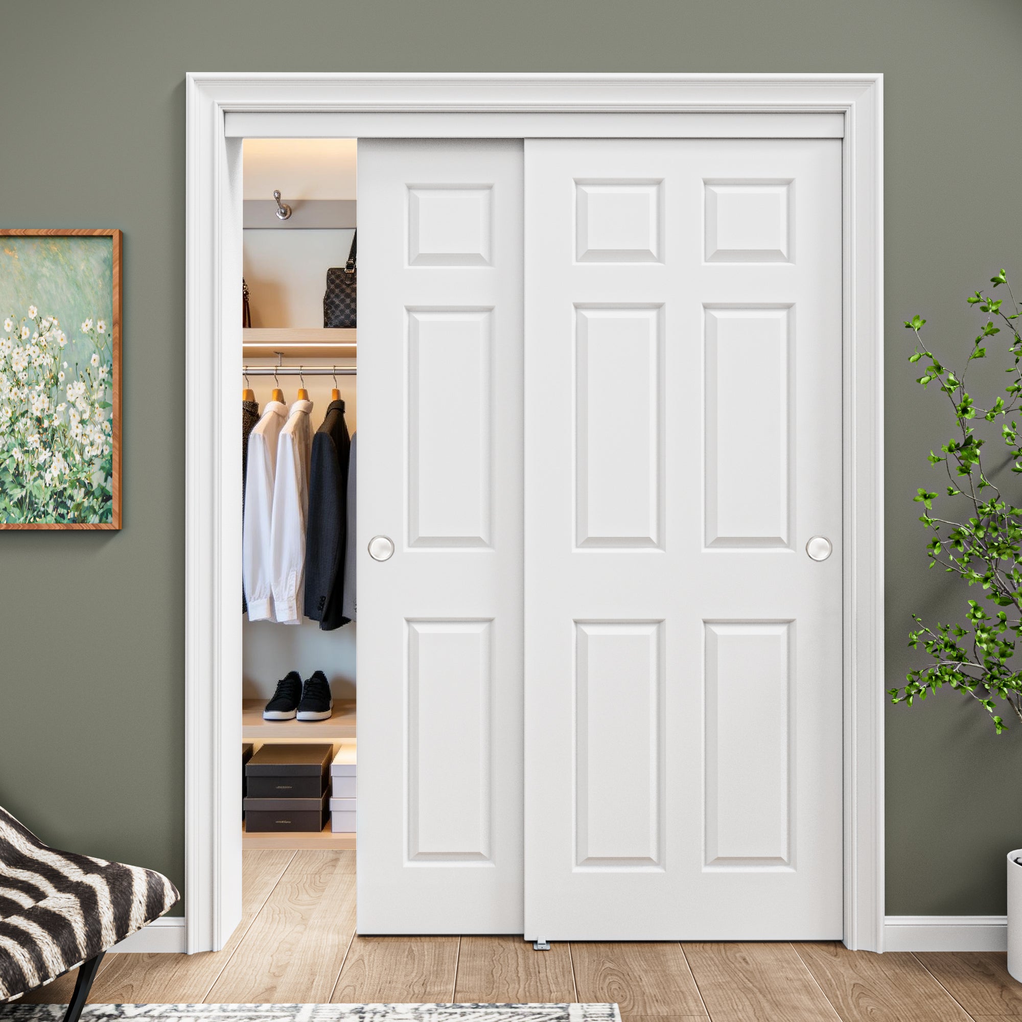 [Paintable] Ark Design 6 Panel Bypass Sliding Closet Door with Hardware Kit, Solid Core MDF Wood & Primed, White