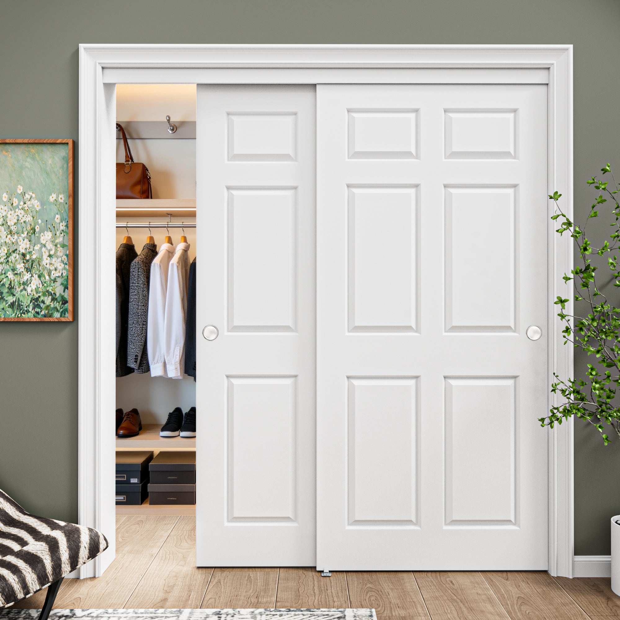 [Paintable] Ark Design 6 Panel Bypass Sliding Closet Door with Hardware Kit, Solid Core MDF Wood & Primed, White