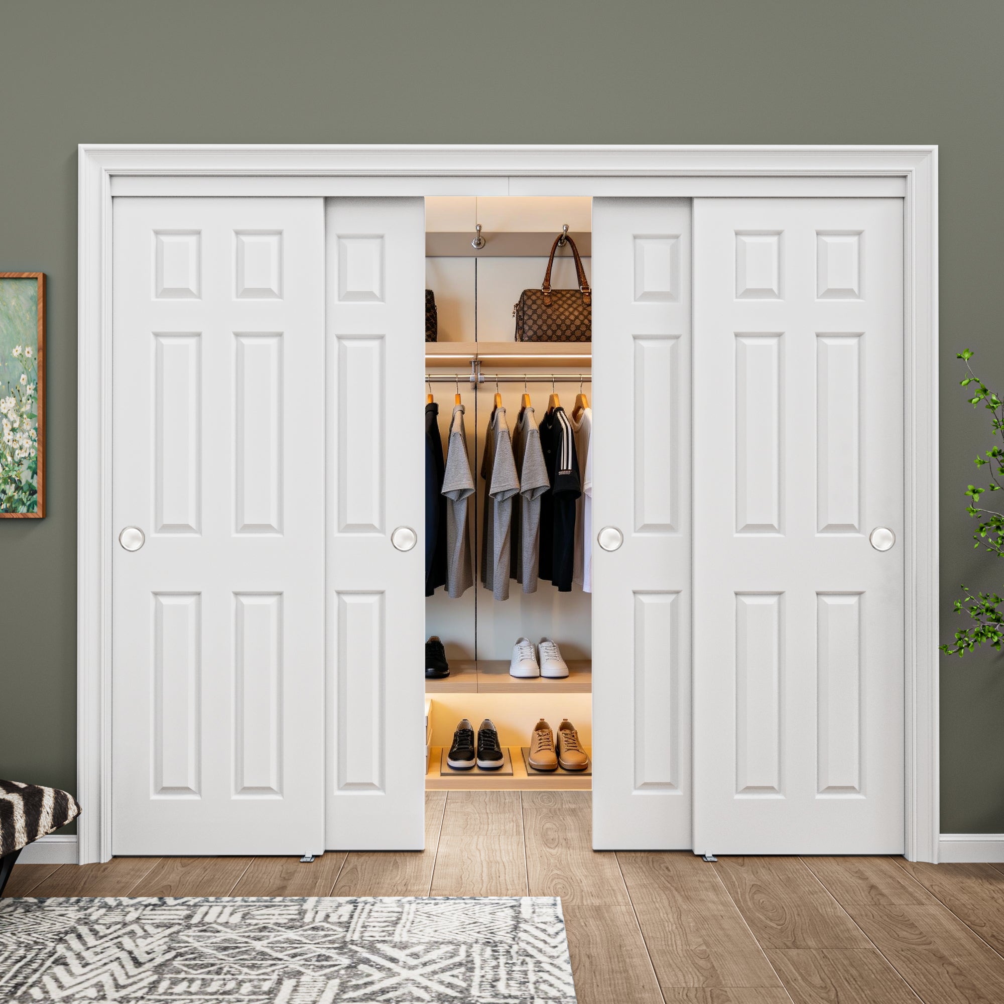 [Paintable] Ark Design 6 Panel Bypass Sliding Closet Door with Hardware Kit, Solid Core MDF Wood & Primed, White