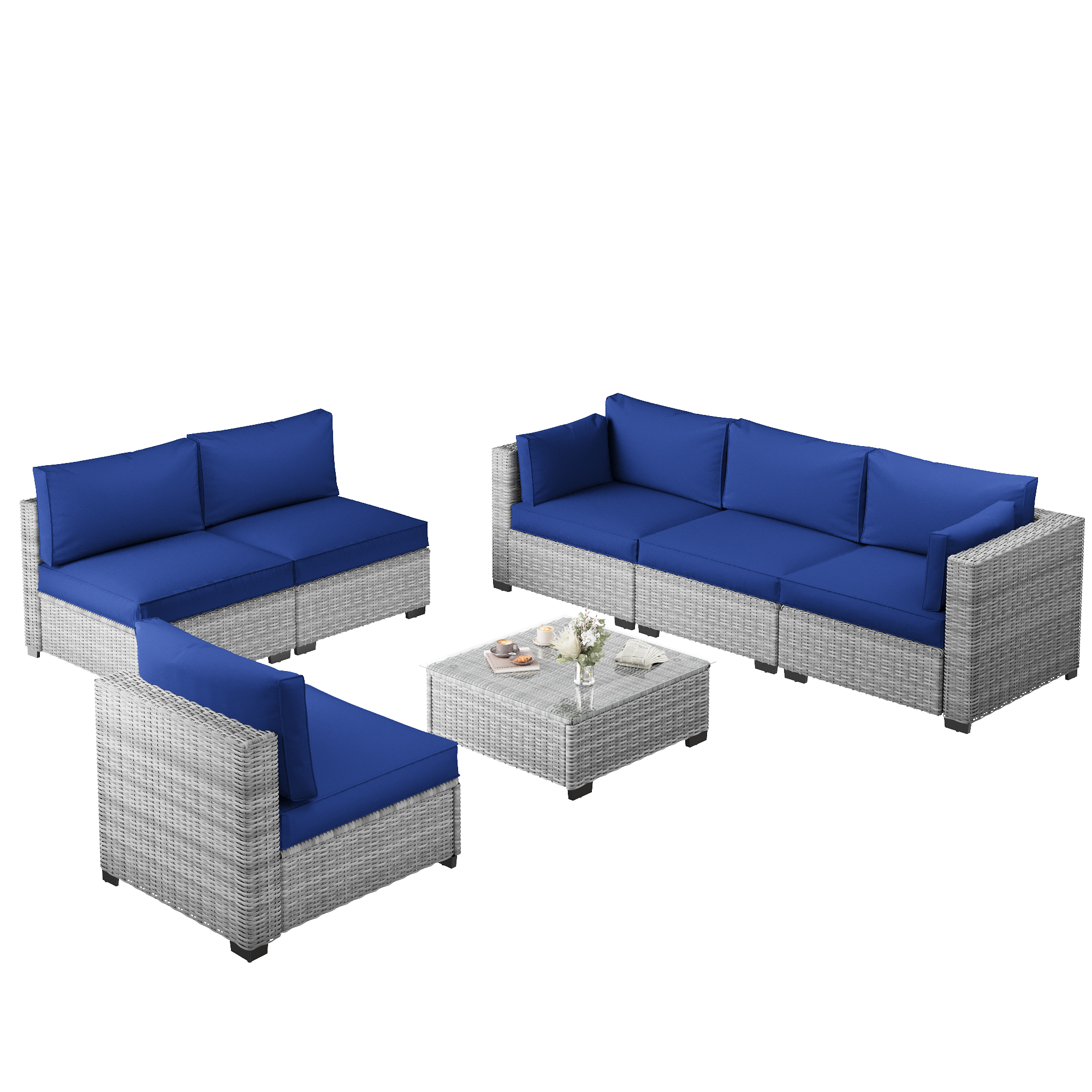 Ark Design 7-Piece Gray Wicker Outdoor Patio Conversation Sectional Seating Set with Coffee Tables, Navy Blue Cushions with Sofa Protection Cover Option