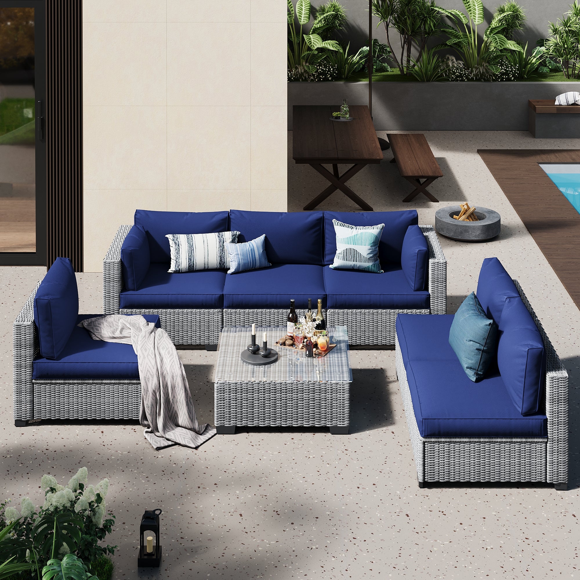 Ark Design 7-Piece Gray Wicker Outdoor Patio Conversation Sectional Seating Set with Coffee Tables, Navy Blue Cushions with Sofa Protection Cover Option