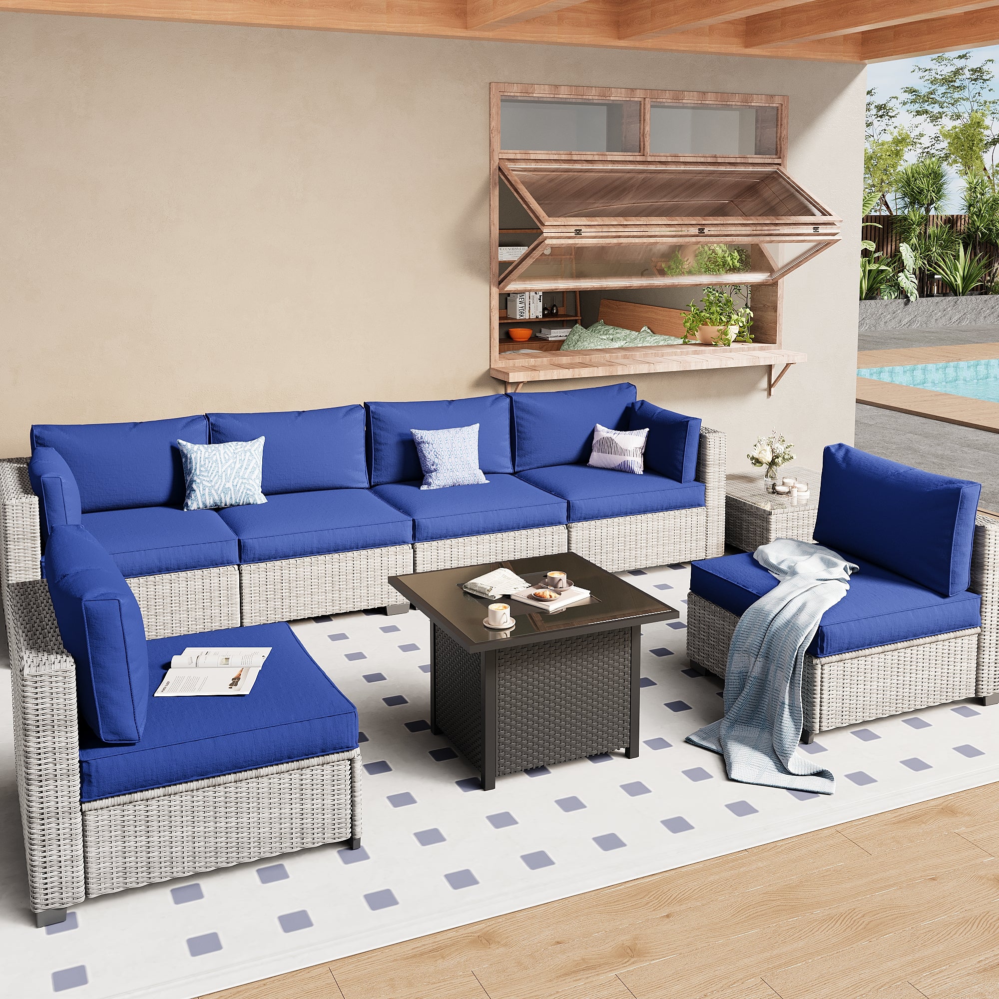 Ark Design 7-Piece Gray Wicker Outdoor Patio Conversation Sectional Seating Set with Coffee Tables and fire pit, Navy Blue Cushions with Sofa Protection Cover Option