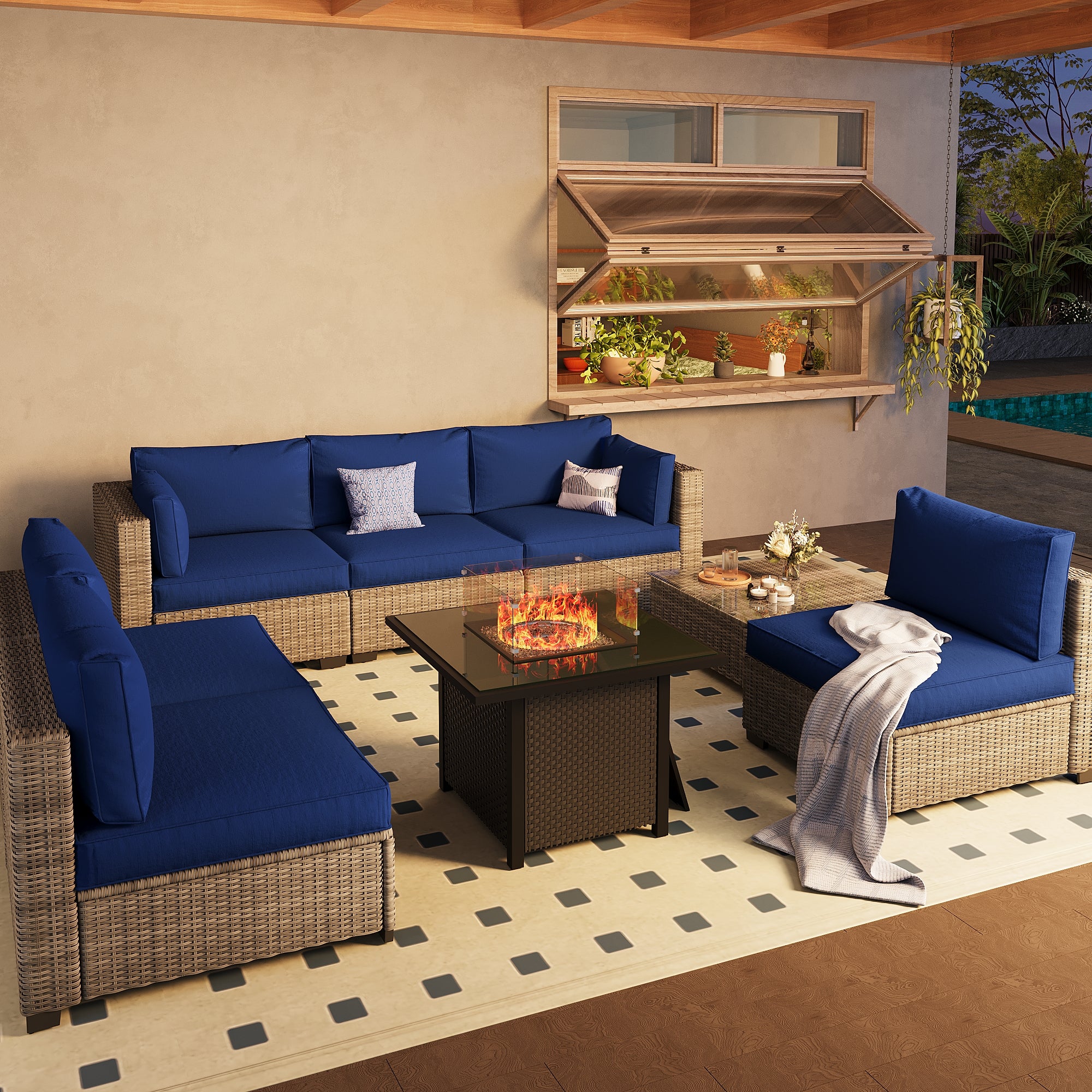 Ark Design 7-Piece Gray Wicker Outdoor Patio Conversation Sectional Seating Set with Coffee Tables and fire pit, Navy Blue Cushions with Sofa Protection Cover Option