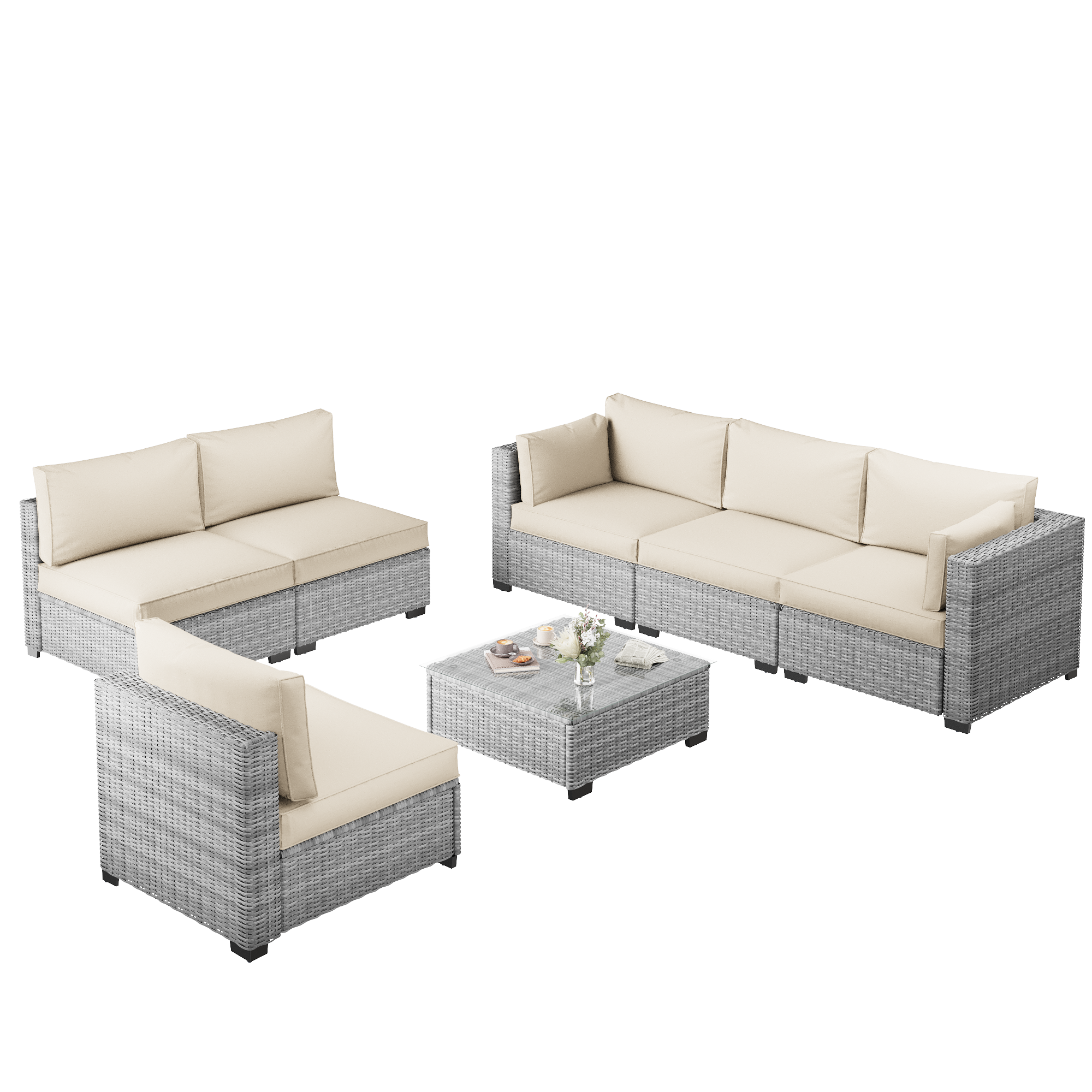 Ark Design 7-Piece Rattan Wicker Outdoor Patio Conversation SofaSeating Set with Coffee Table, Beige Cushions with Sofa Protection Cover Option