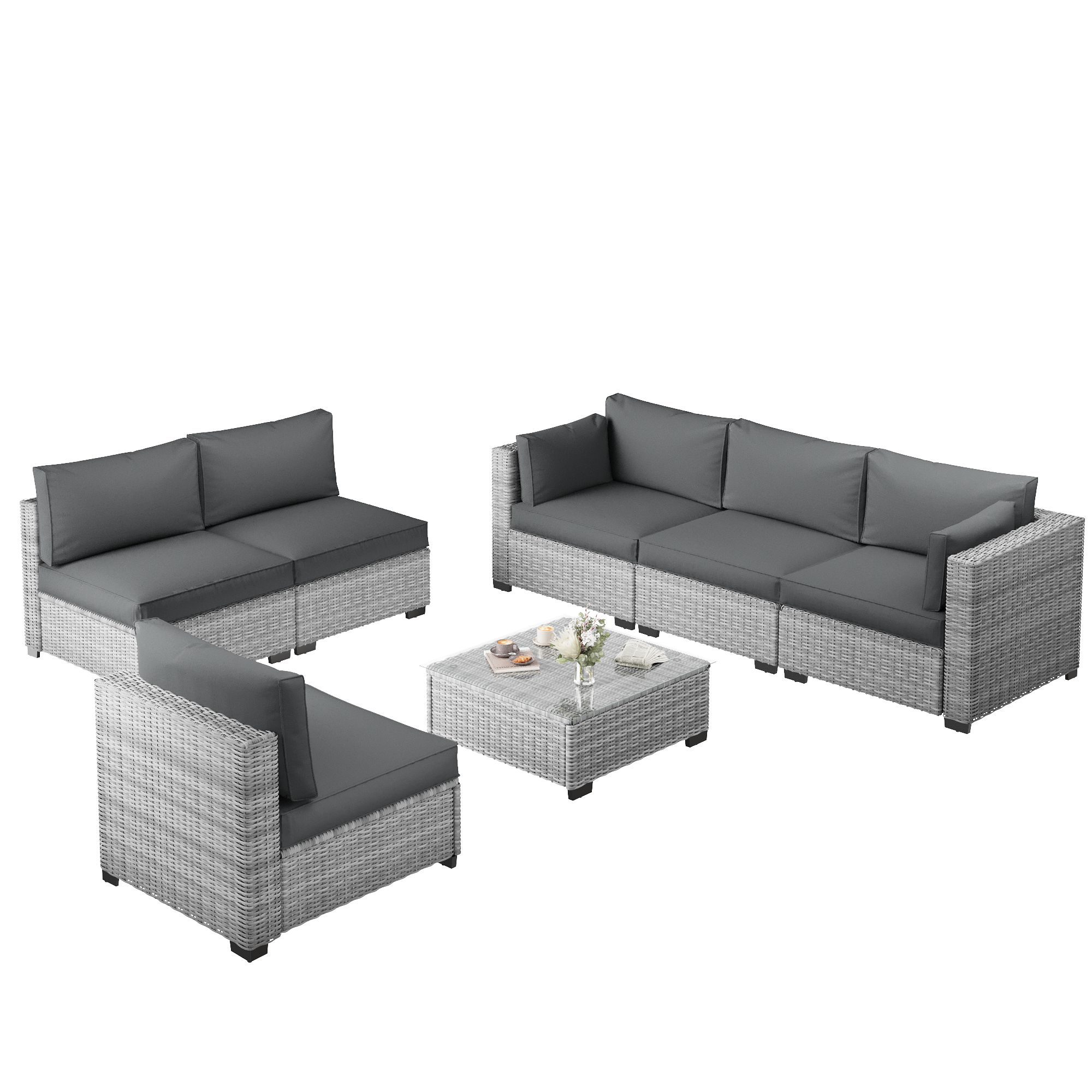 Ark Design 7-Piece Rattan Wicker Outdoor Patio Conversation SofaSeating Set with Coffee Table, Gray Cushions with Sofa Protection Cover Option