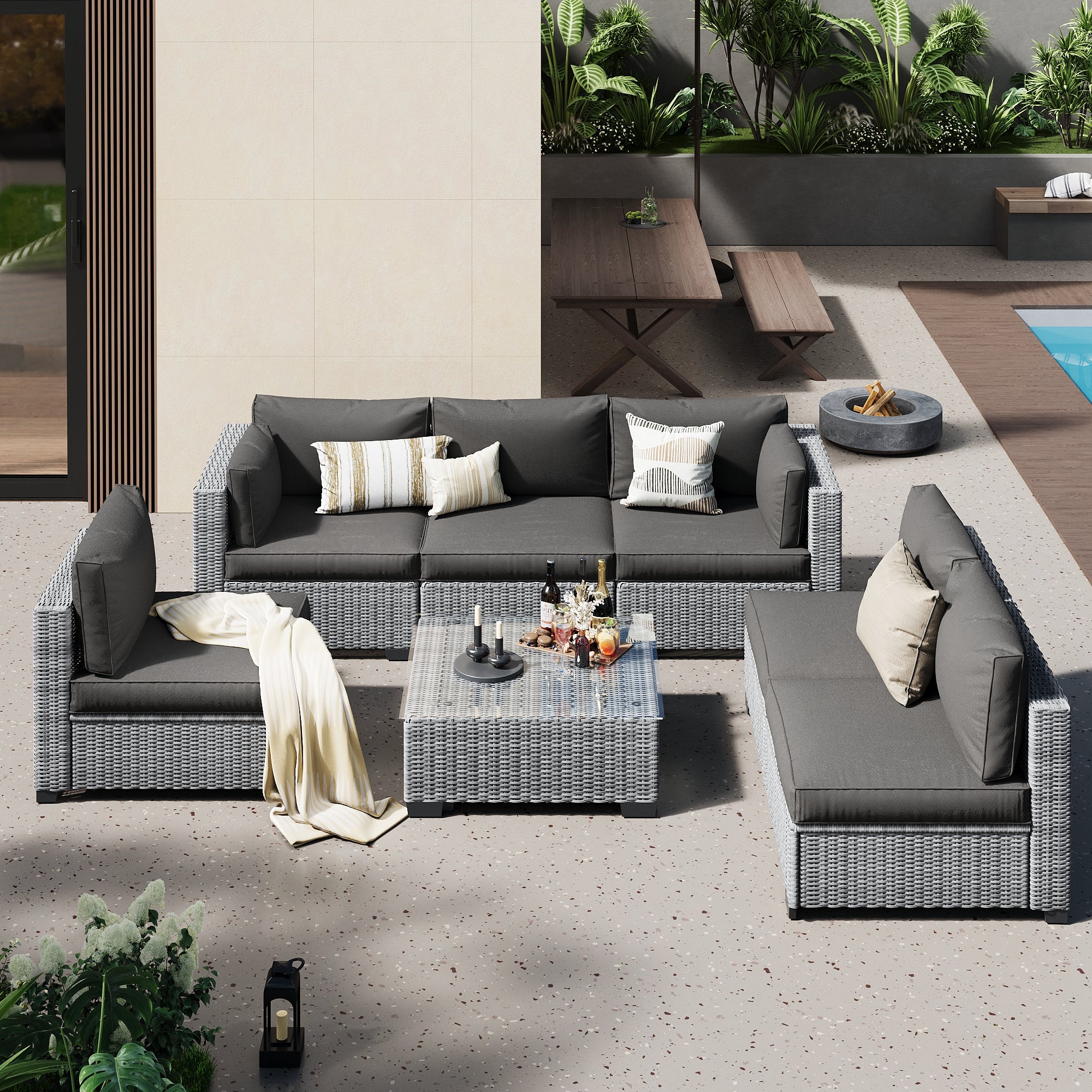Ark Design 7-Piece Rattan Wicker Outdoor Patio Conversation SofaSeating Set with Coffee Table, Gray Cushions with Sofa Protection Cover Option
