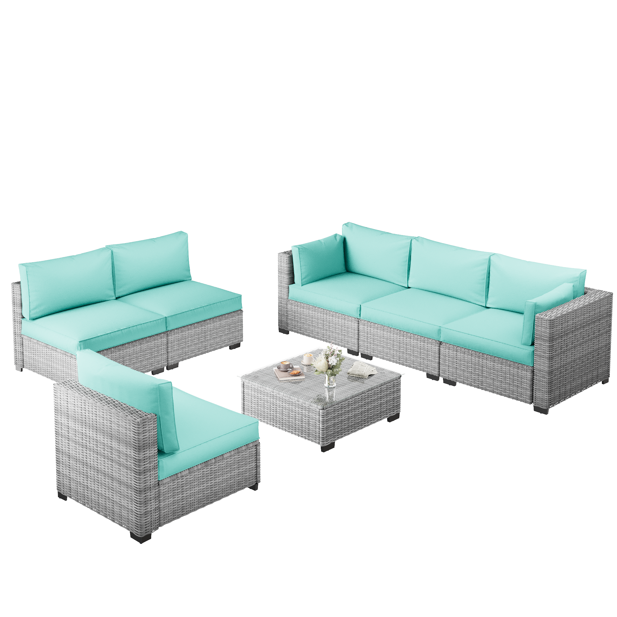 Ark Design 7-Piece Rattan Wicker Outdoor Patio Conversation SofaSeating Set with Coffee Table, Green Cushions with Sofa Protection Cover Option