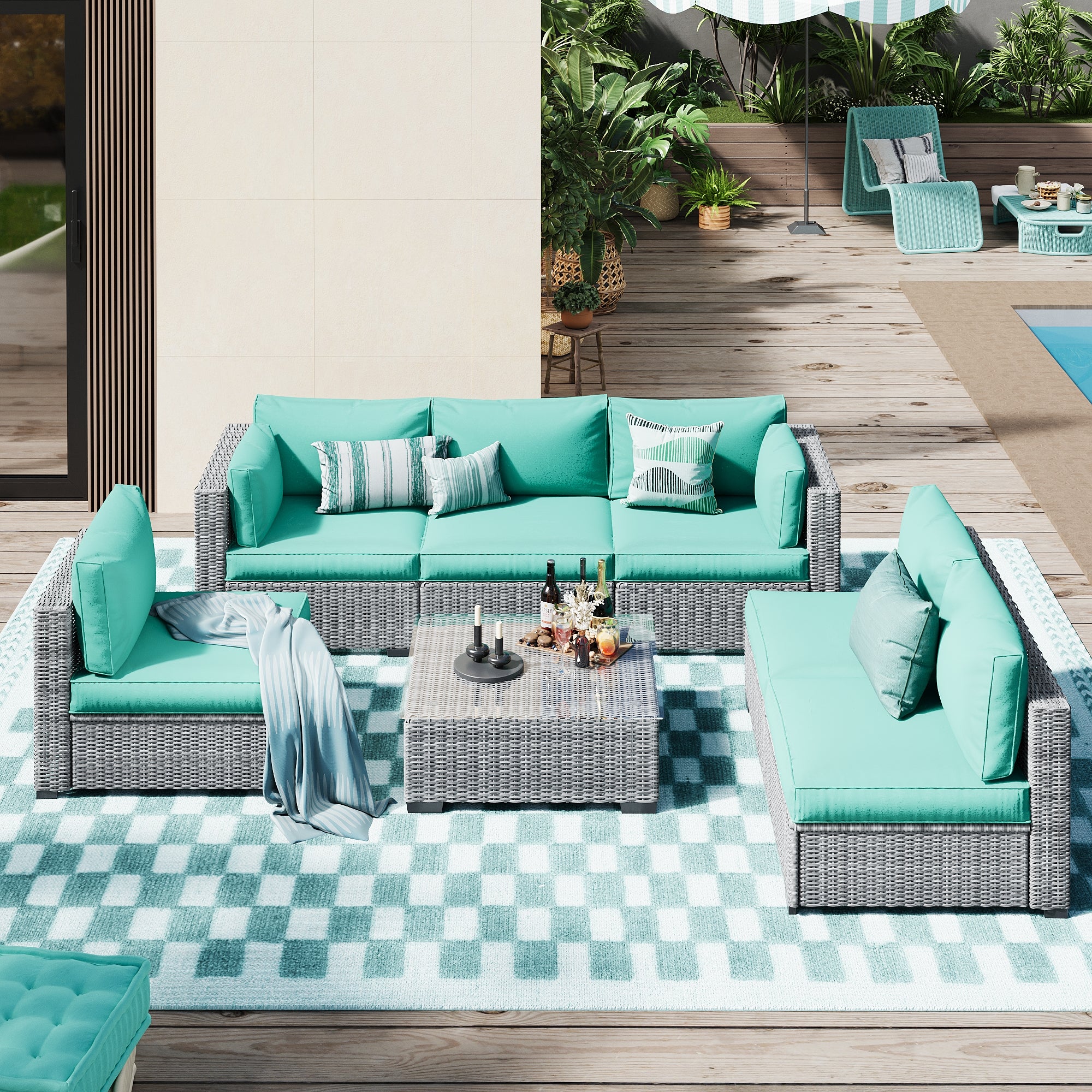 Ark Design 7-Piece Rattan Wicker Outdoor Patio Conversation SofaSeating Set with Coffee Table, Green Cushions with Sofa Protection Cover Option