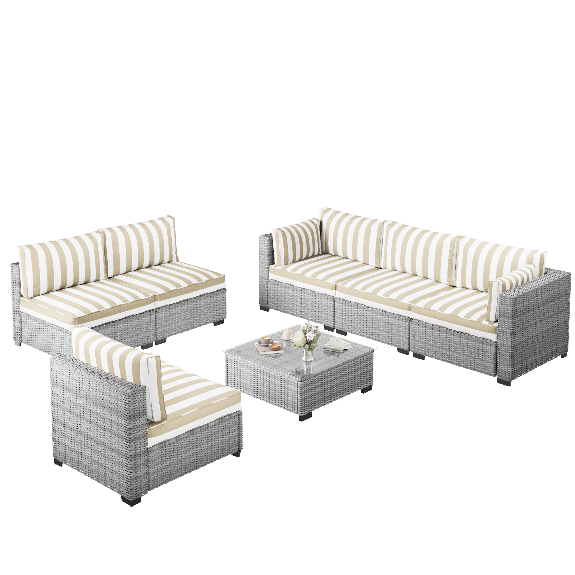 Ark Design 7-Piece Rattan Wicker Outdoor Patio Conversation SofaSeating Set with Coffee Table, Stripe Brown Cushions with Sofa Protection Cover Option