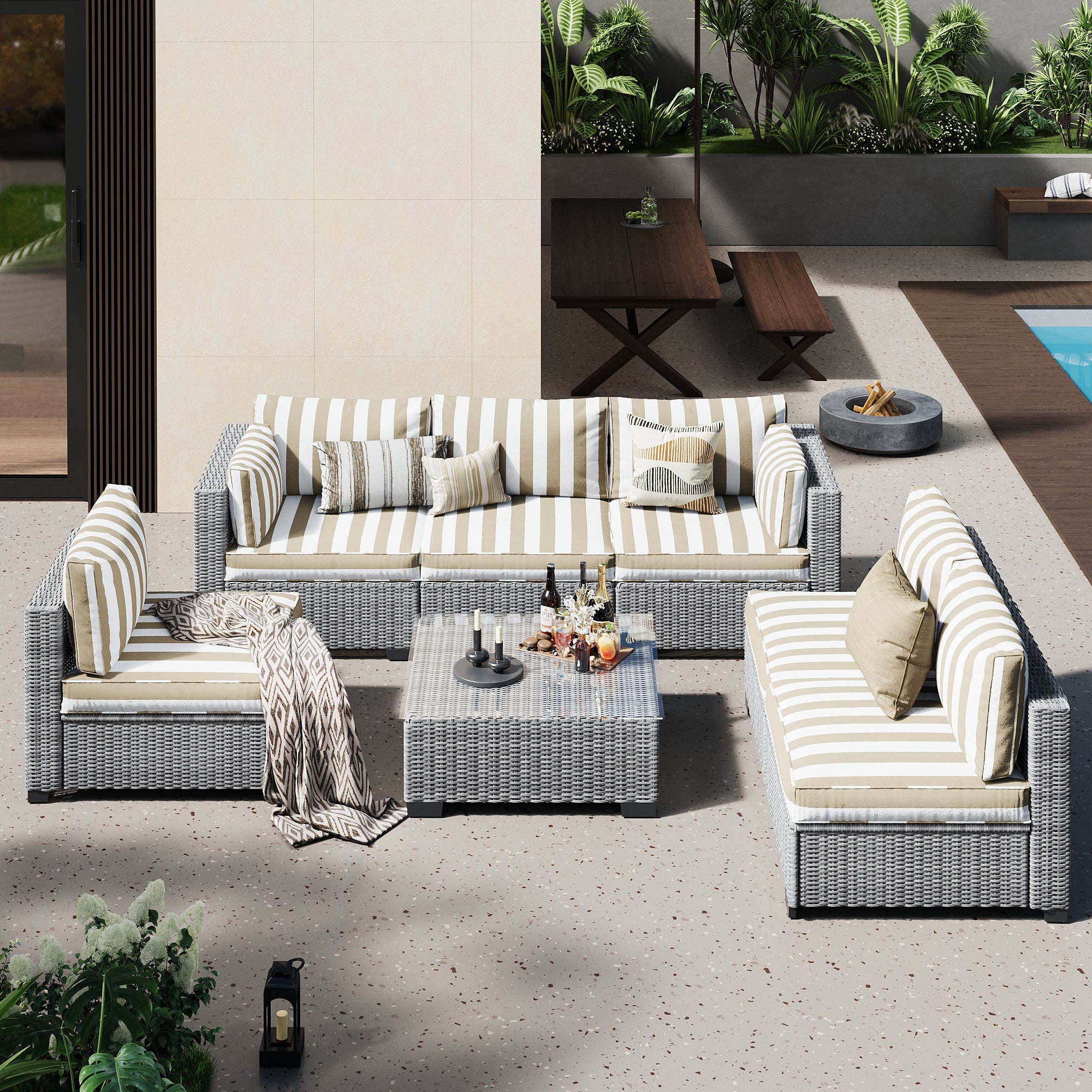 Ark Design 7-Piece Rattan Wicker Outdoor Patio Conversation SofaSeating Set with Coffee Table, Stripe Brown Cushions with Sofa Protection Cover Option