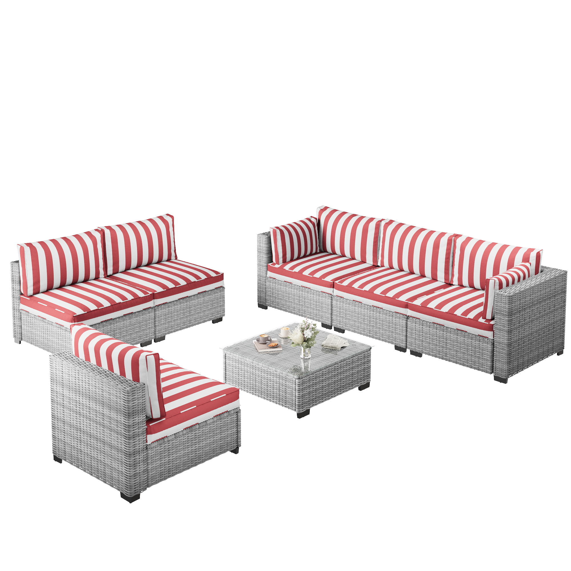 Ark Design 7-Piece Rattan Wicker Outdoor Patio Conversation SofaSeating Set with Coffee Table, Stripe Red Cushions with Sofa Protection Cover Option