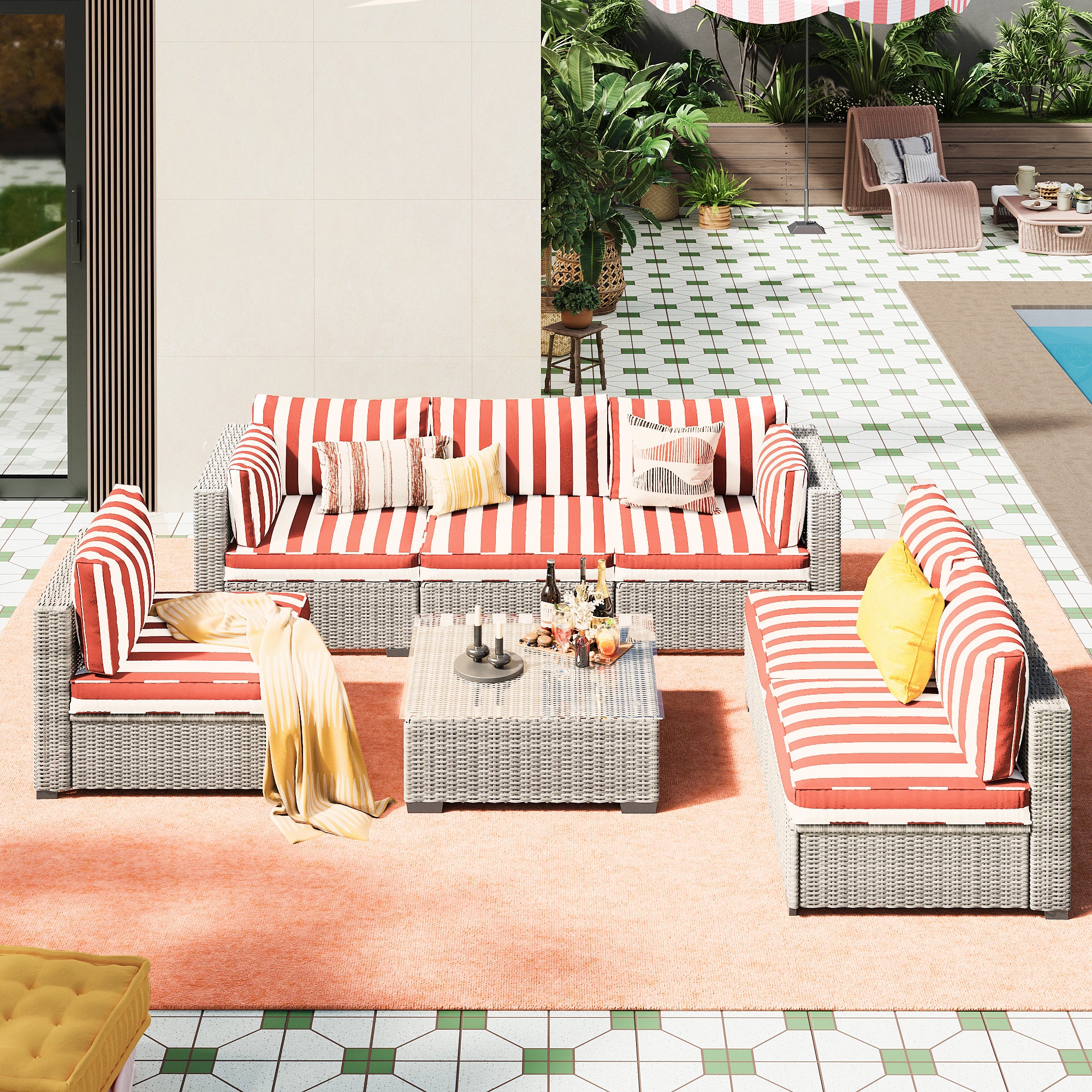 Ark Design 7-Piece Rattan Wicker Outdoor Patio Conversation SofaSeating Set with Coffee Table, Stripe Red Cushions with Sofa Protection Cover Option
