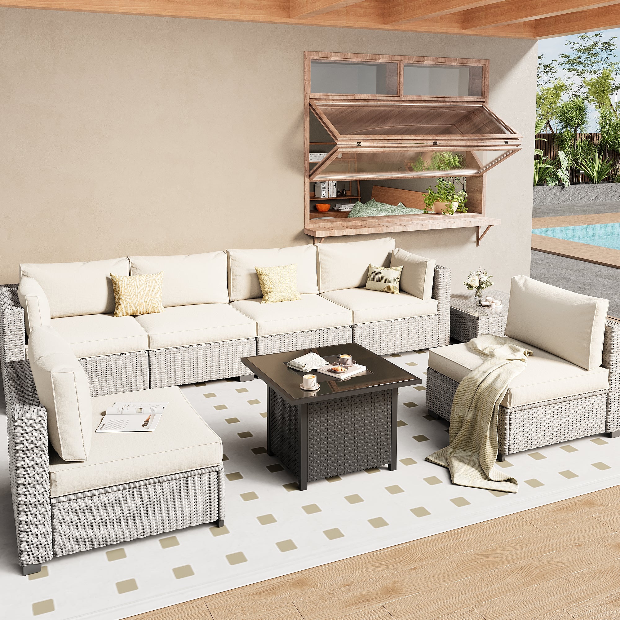 Ark Design 7-Piece Rattan Wicker Outdoor Patio Conversation SofaSeating Set with Coffee Table and fire pit, Beige Cushions with Sofa Protection Cover Option